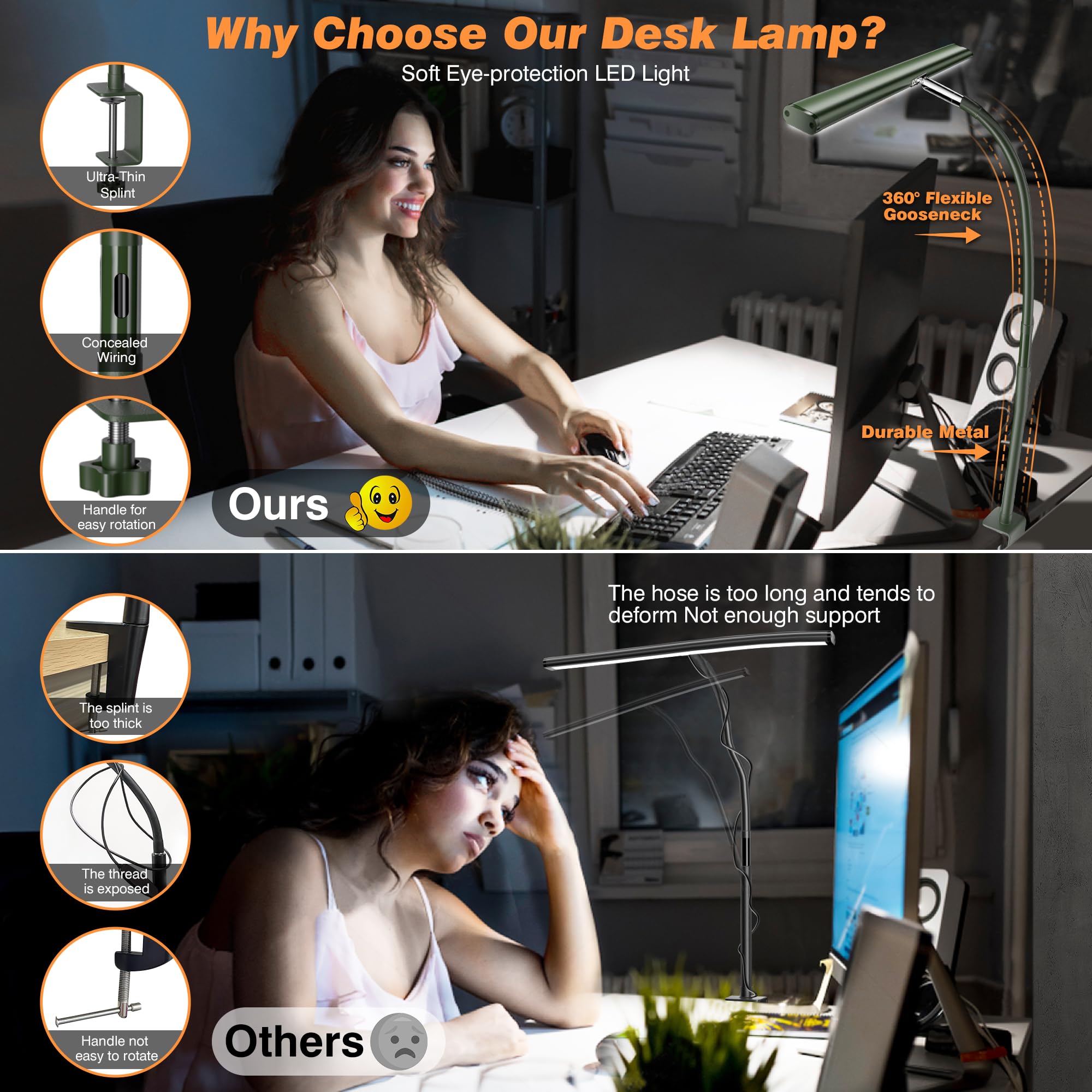 LED Desk Lamp for Office Home, Eye-Caring Desk Light with Stepless Dimming Adjustable Flexible Gooseneck, 10W USB Adapter Desk Lamp with Clamp for Reading, Study, Workbench (Green)