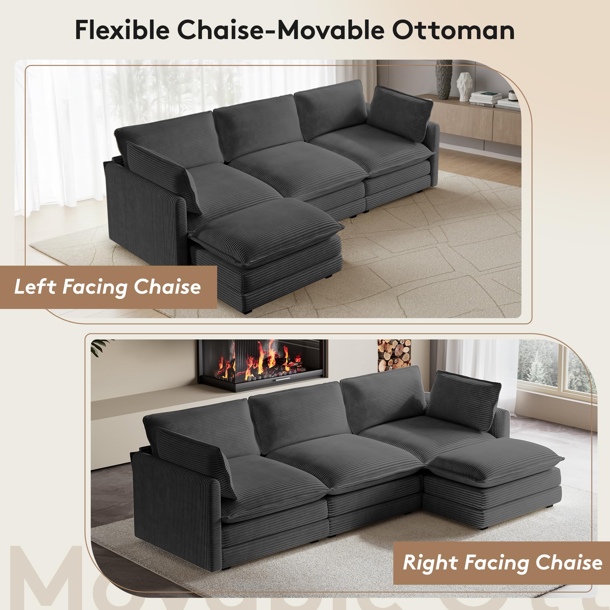 104'' Modular Sectional Cloud Couch with Movable Ottoman, 4 Seat Modern Corduroy Sofa, Deep Seat L Shaped Couch for Living Room Bedroom Apartment, Dark Grey