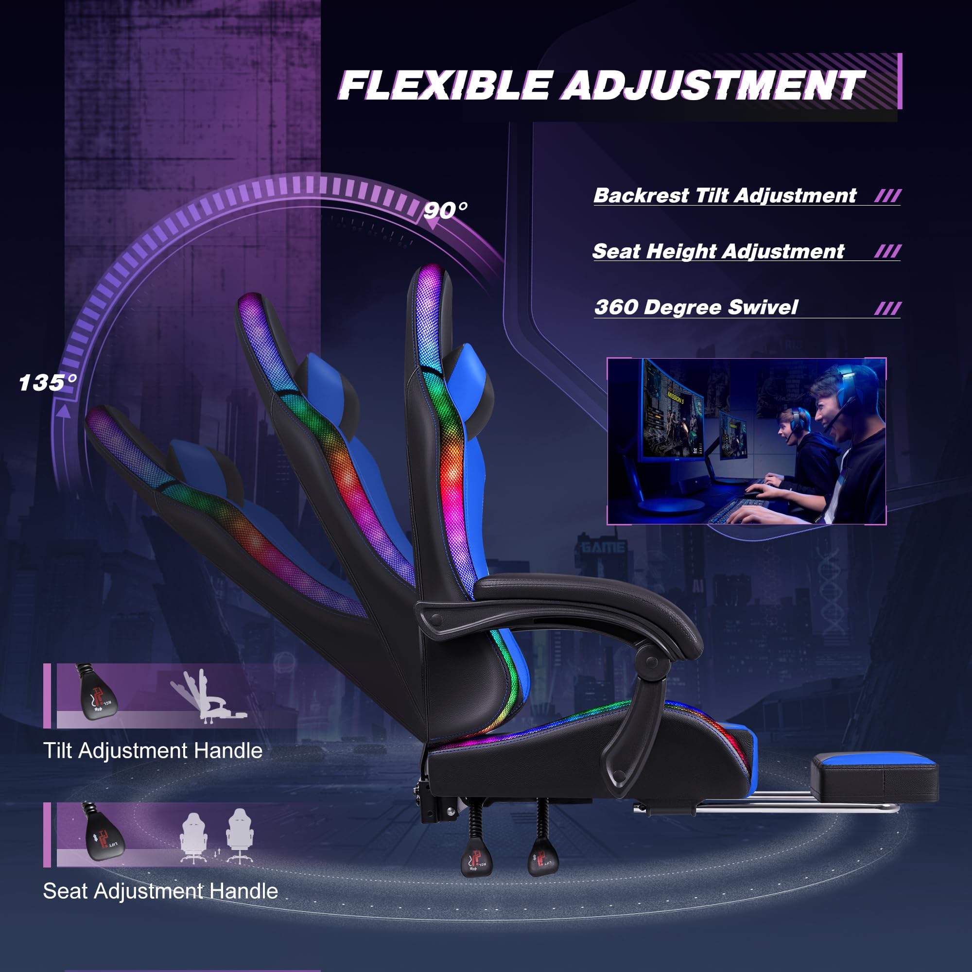 Gaming Chair, Video Game Chair with Footrest and Massage Lumbar Support, Ergonomic Computer Chair Height Adjustable with Swivel Seat and Headrest (RGB Blue)