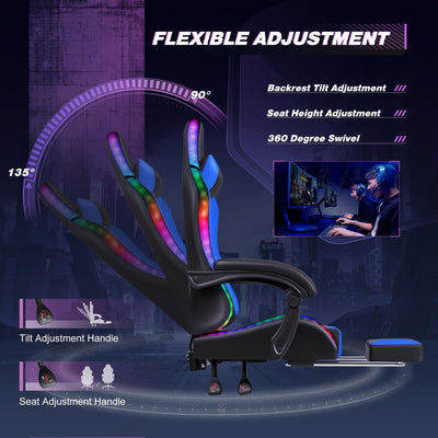 Gaming Chair, Video Game Chair with Footrest and Massage Lumbar Support, Ergonomic Computer Chair Height Adjustable with Swivel Seat and Headrest (RGB Blue)