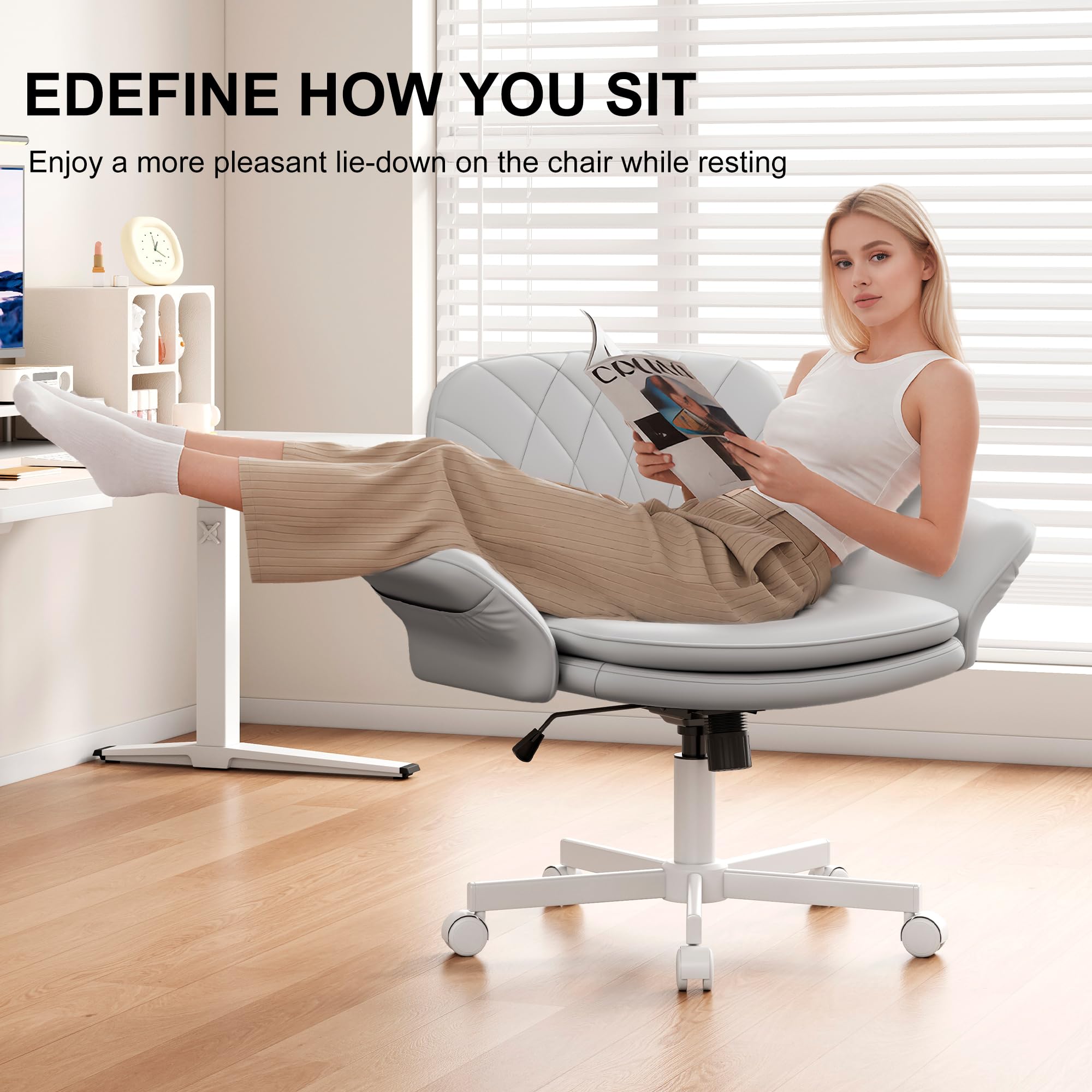 Criss Cross Chair with Armrests & Wheels for Cross-Legged Sitting, Comfortable PU Leather Vanity Chair, Office Desk Chairs with Adjustable Rocking Function, for Home, Bedroom Gray