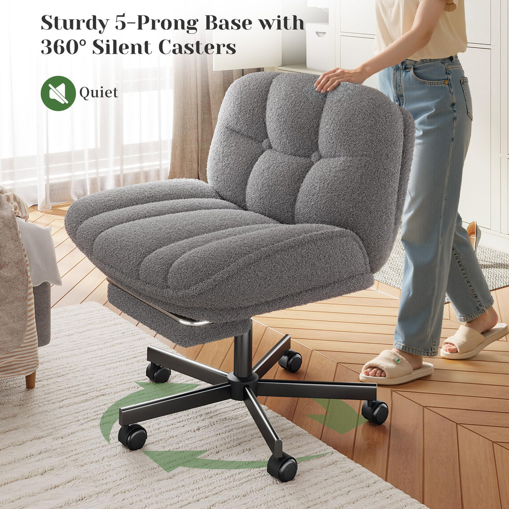 Cross Legged Office Chair with Foot Rest, 6.3" Thick Cushioned Criss Cross Chair with Wheels, Height Adjustable Swivel Vanity Chair for All-Day Comfort (Grey)