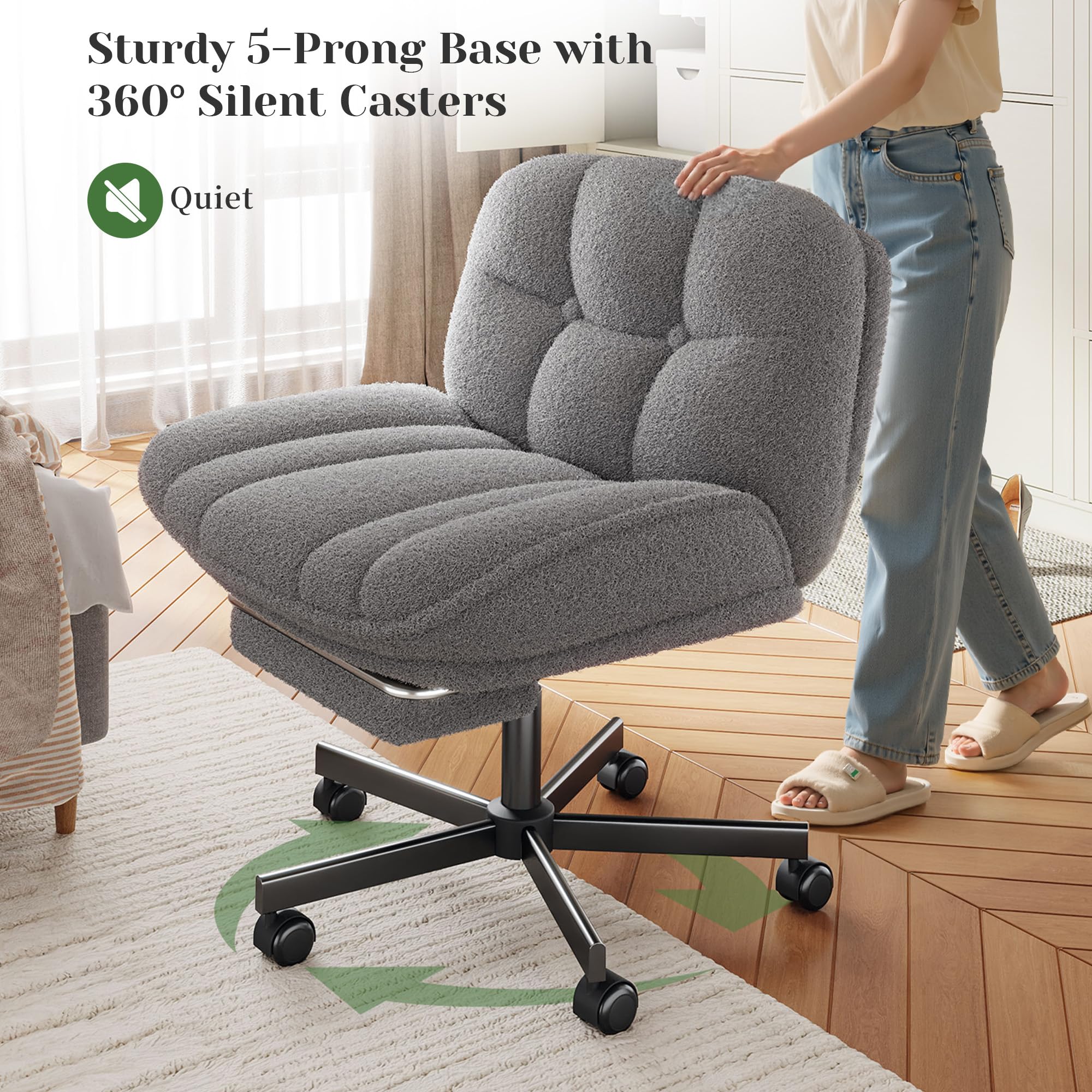 Cross Legged Office Chair with Foot Rest, 6.3" Thick Cushioned Criss Cross Chair with Wheels, Height Adjustable Swivel Vanity Chair for All-Day Comfort (Grey)