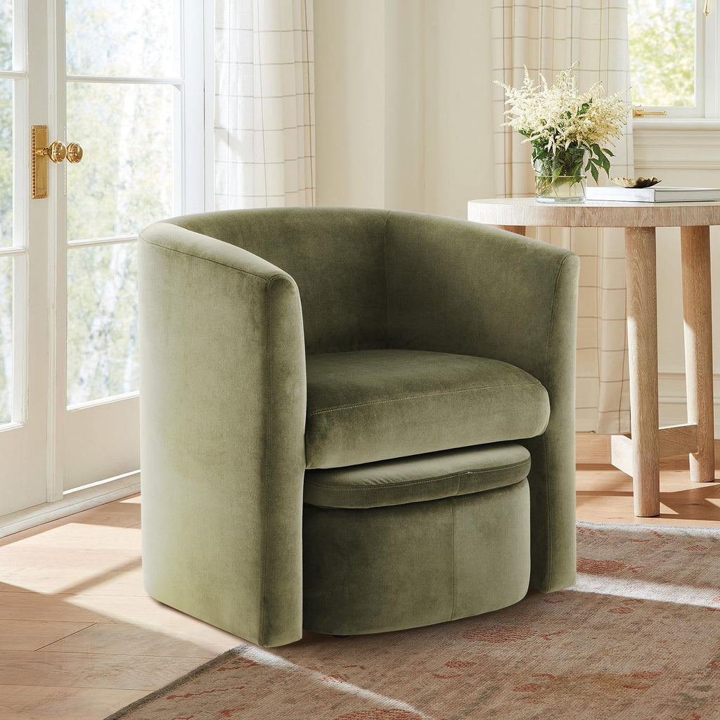 Velvet Morden Living Room Chair with Storage Ottoman, Barrel Accent Chair with Lounge Seat for Bedroom/Reading Spaces, Green