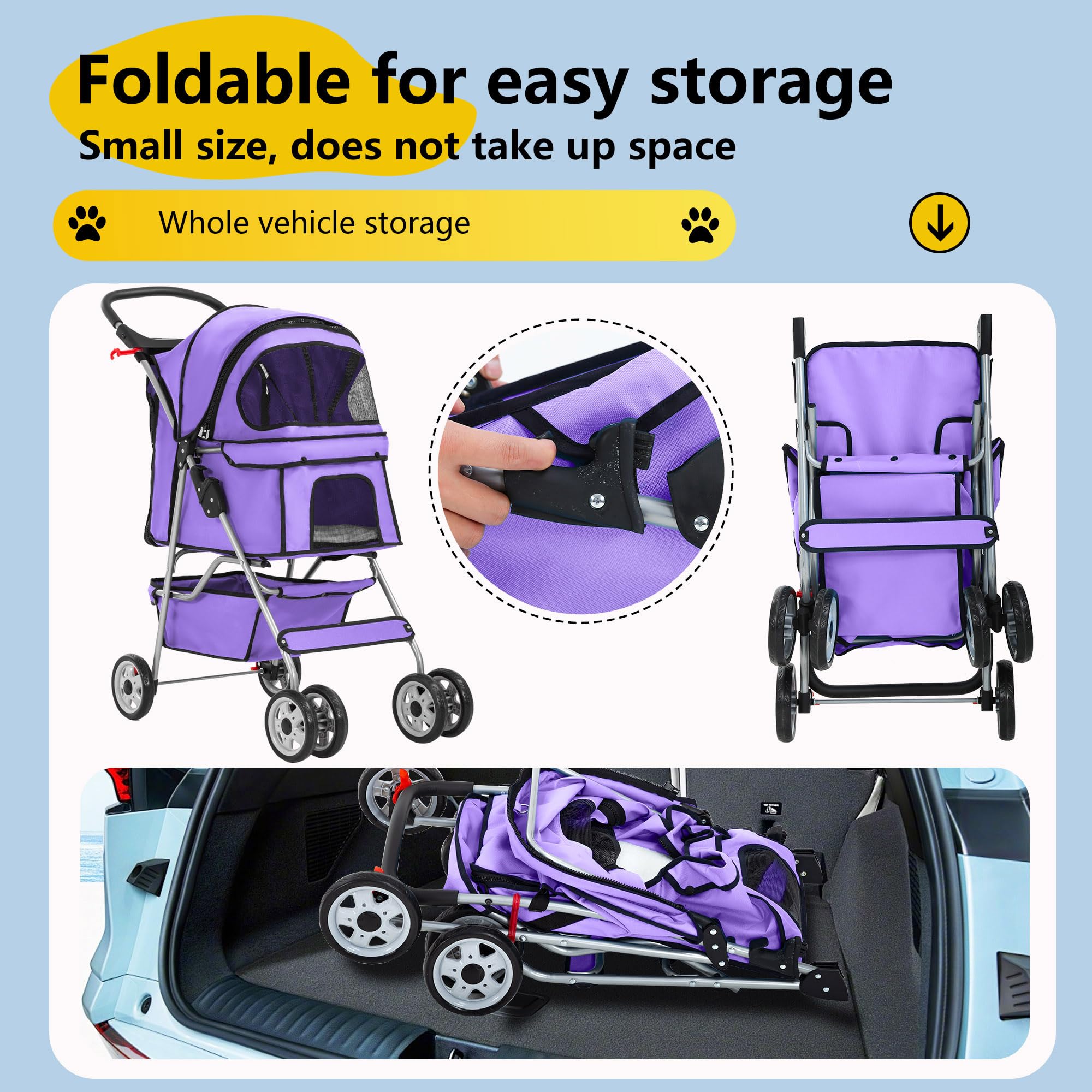 Pet Stroller 4-Wheel Dog Cat Stroller Travel Folding Carrier Puppy Stroller with Cup Holder and Removable Liner for Small Medium Dogs Cats, Purple