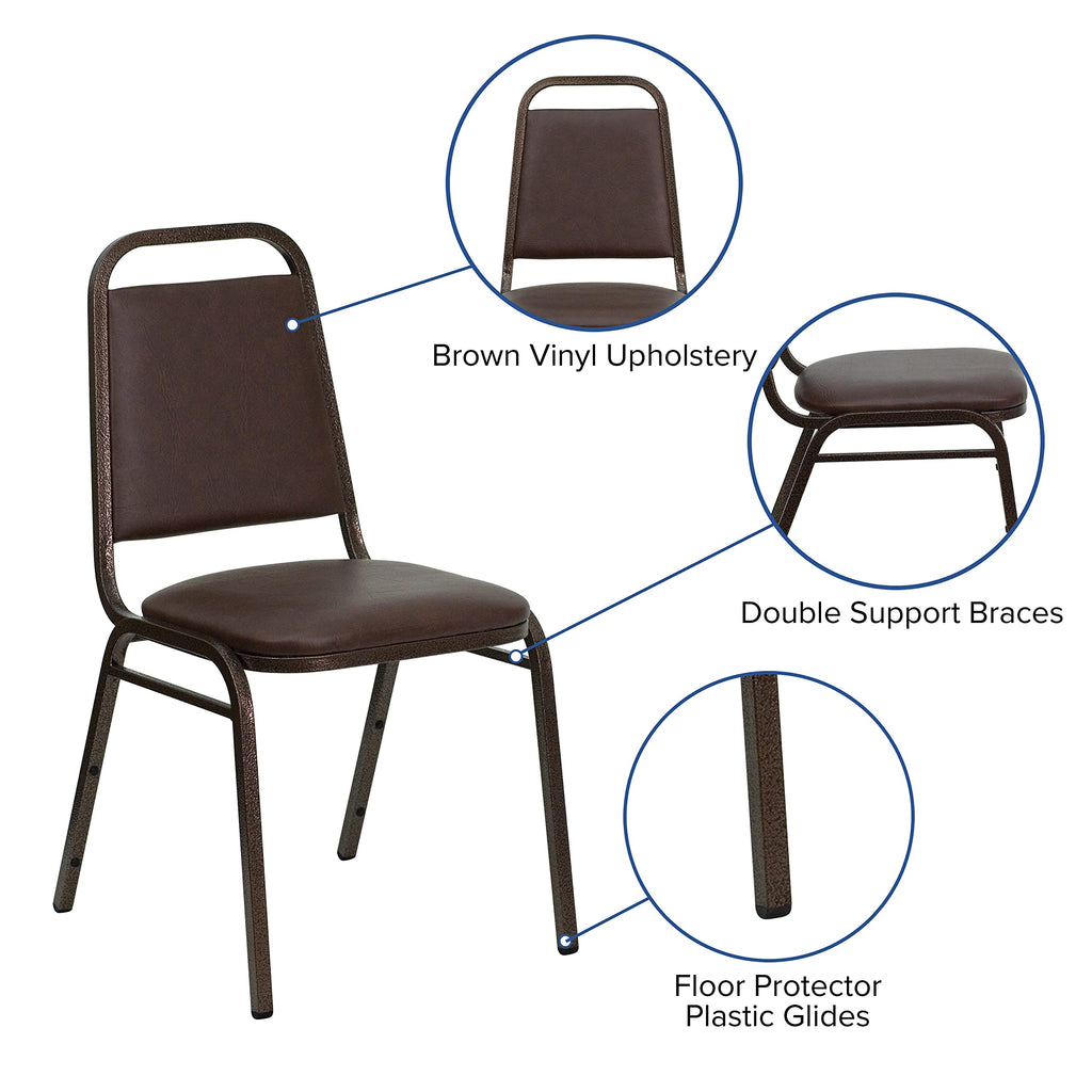 Trapezoidal Back Vinyl Stackable Banquet Chair, Multipurpose Stacking Chair with Padded Seat and Back, Brown/Copper