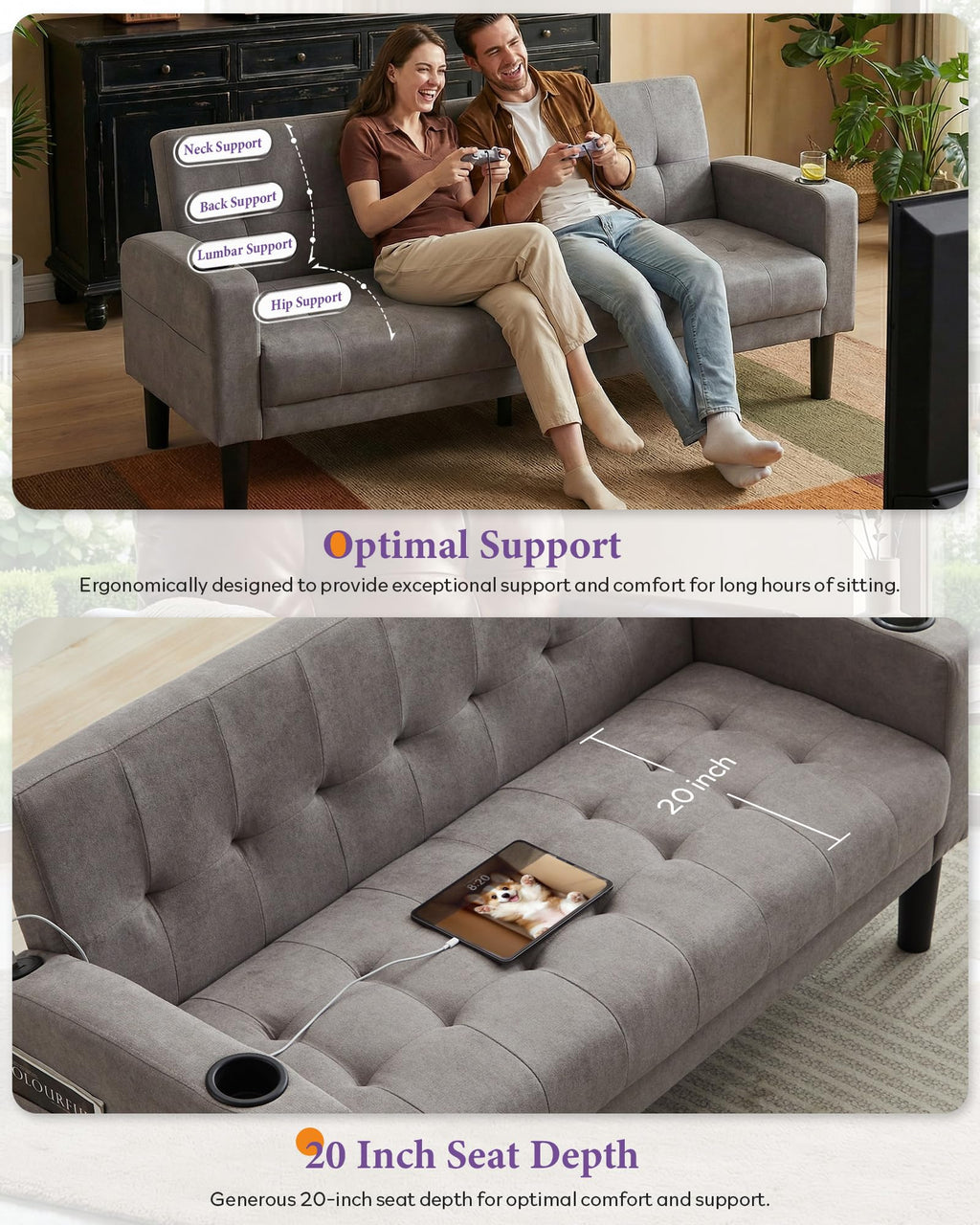Sofa Couch 62" W Loveseat w/ 2 USB Charger Ports & 2 Cupholders, Mid-Century Modern Tufted Small Love Seat Couches for Office,Compact Living Room,Bedroom,Apartment,Dorm(Light Grey)