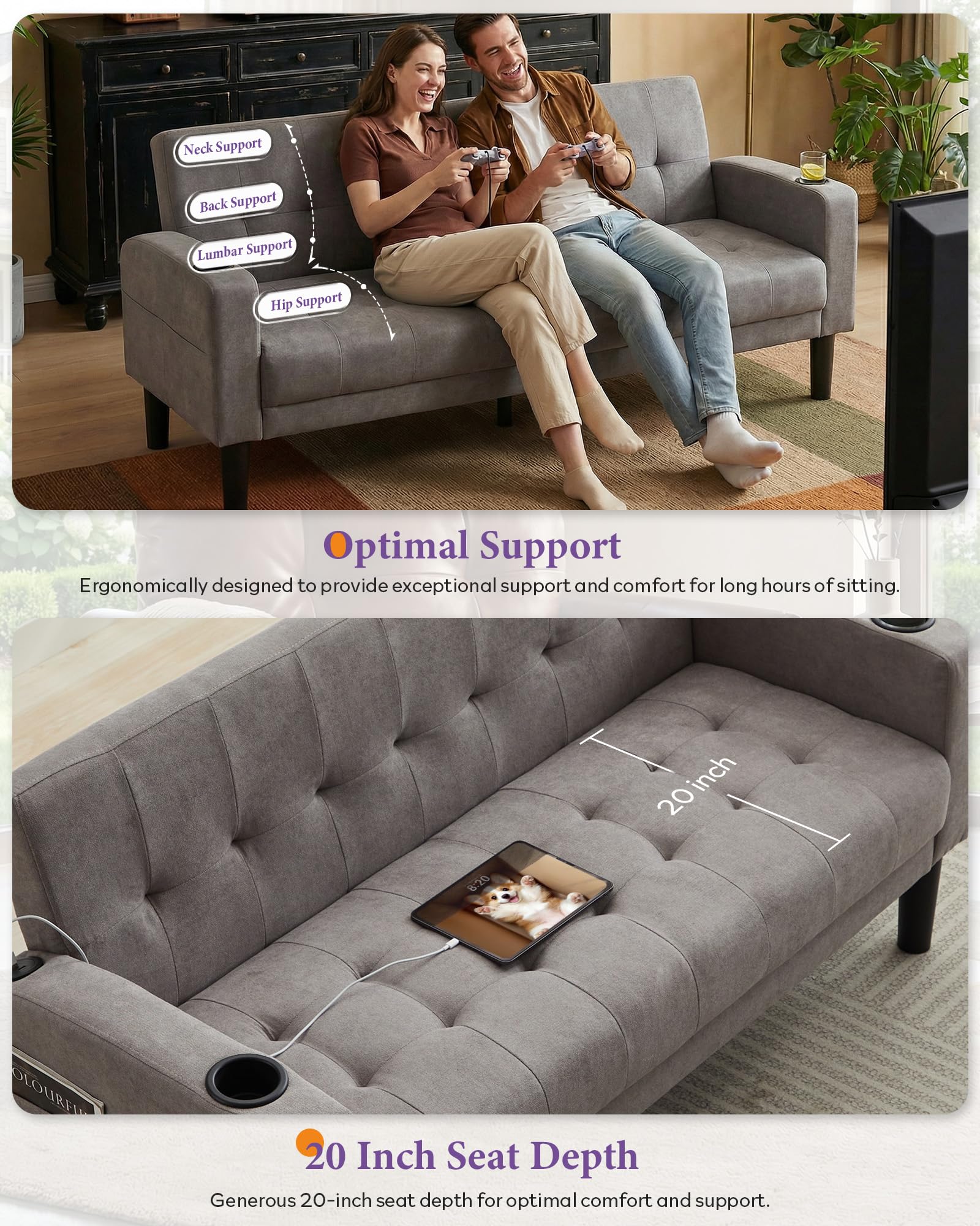 Sofa Couch 62" W Loveseat w/ 2 USB Charger Ports & 2 Cupholders, Mid-Century Modern Tufted Small Love Seat Couches for Office,Compact Living Room,Bedroom,Apartment,Dorm(Light Grey)