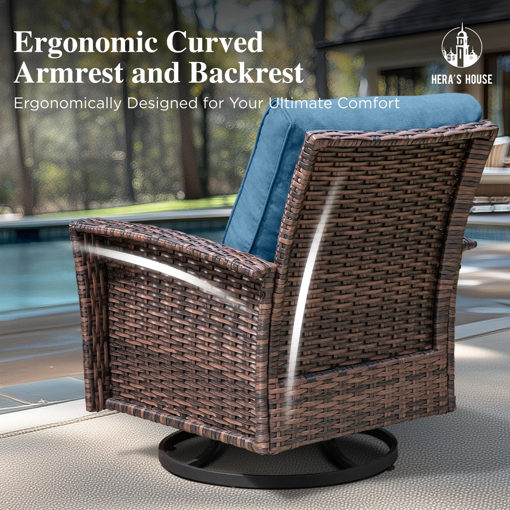 Outdoor Wicker Swivel Chairs with 5.5" Thick Cushions, 35" High Back Patio Chairs Set of 2, Deck Balcony Backyard Furniture, Navy Blue