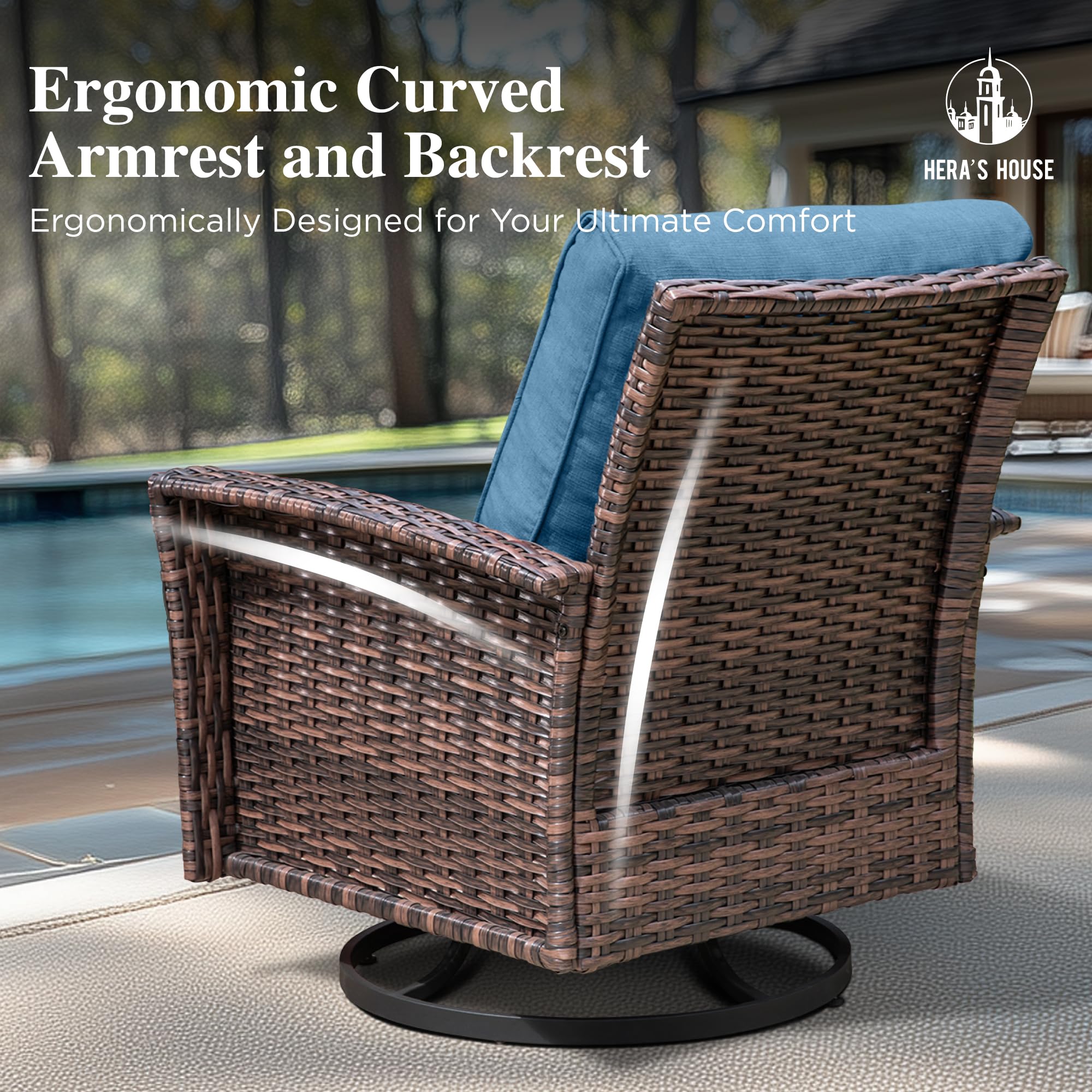Outdoor Wicker Swivel Chairs with 5.5" Thick Cushions, 35" High Back Patio Chairs Set of 2, Deck Balcony Backyard Furniture, Navy Blue