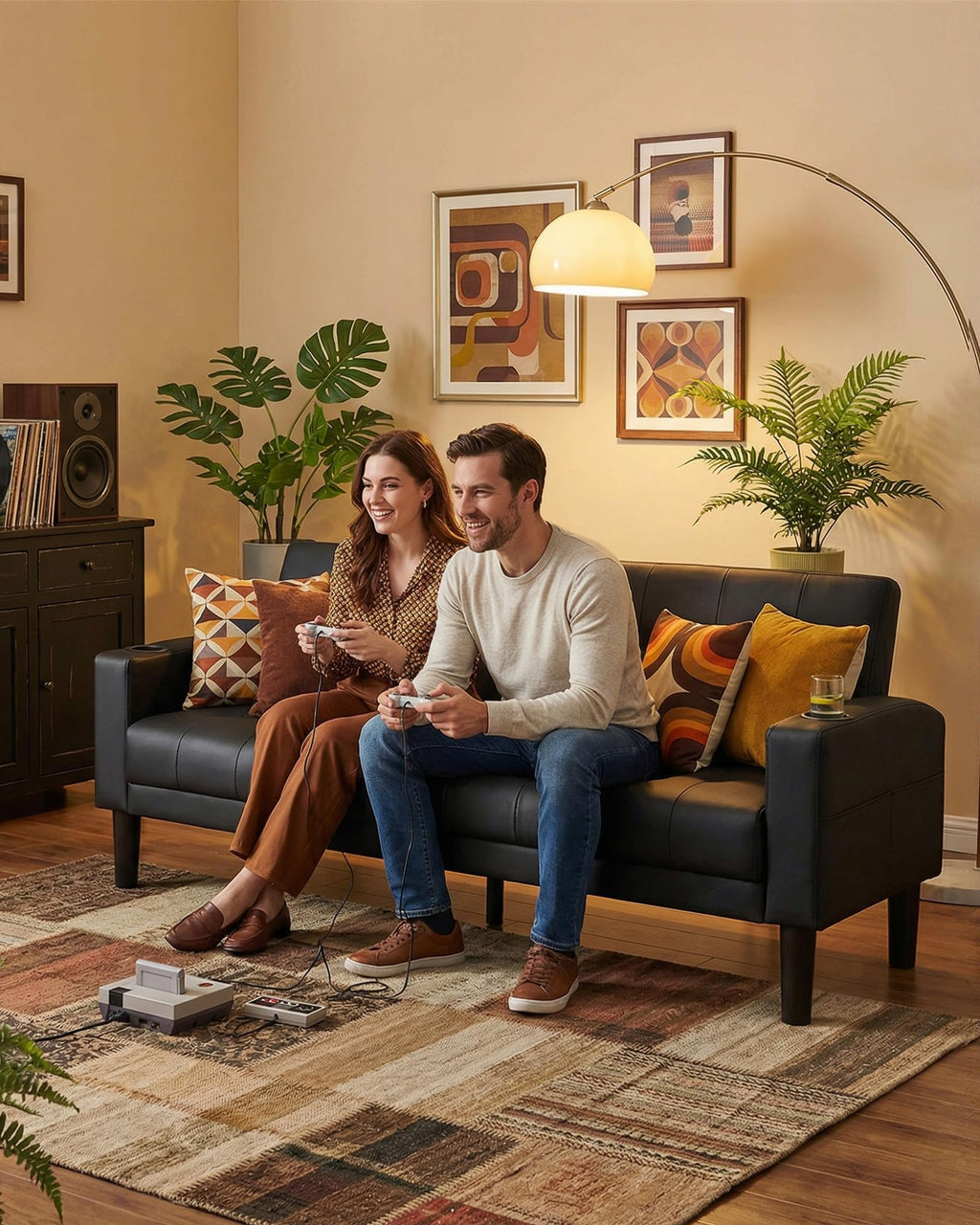 Sofa Couch 62" W Loveseat w/ 2 USB Charger Ports & 2 Cupholders, Mid-Century Modern Black LeatherTufted Small Love Seat Couches for Office,Compact Living Room,Bedroom,Apartment,Dorm (2)