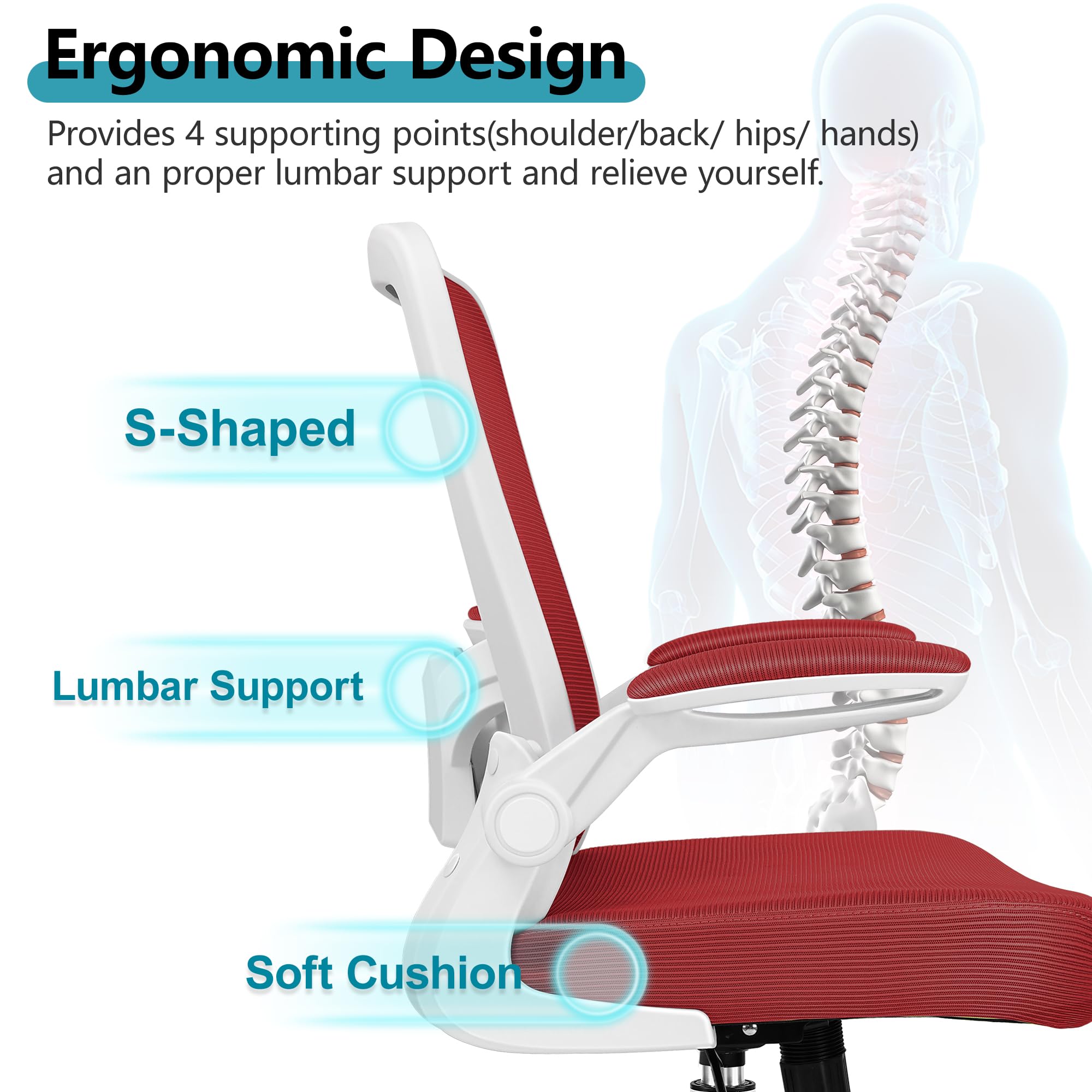 Office Chair, Ergonomic Desk Chair Breathable Mesh Chairs Adjustable High Back Lumbar Support Flip-up Armrests, Executive Rolling Swivel Comfy Computer Chairs Home Office Fire Brick