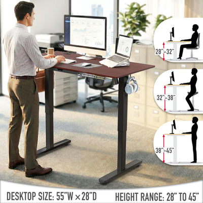 55 x 28 Inches Electric Height Adjustable Standing Desk with Drawer and Memory Preset, Cherry