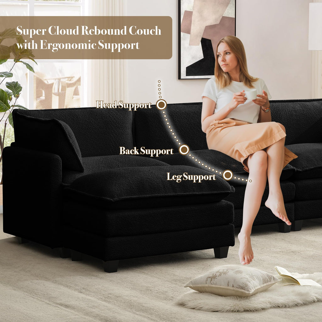 112'' Modular Sectional Cloud Couch with Movable Ottoman, 4 Seat Modern Chenille Sofa with 2 Throw Pillows, Deep Seat L Shaped Couch for Living Room Bedroom Apartment, Black