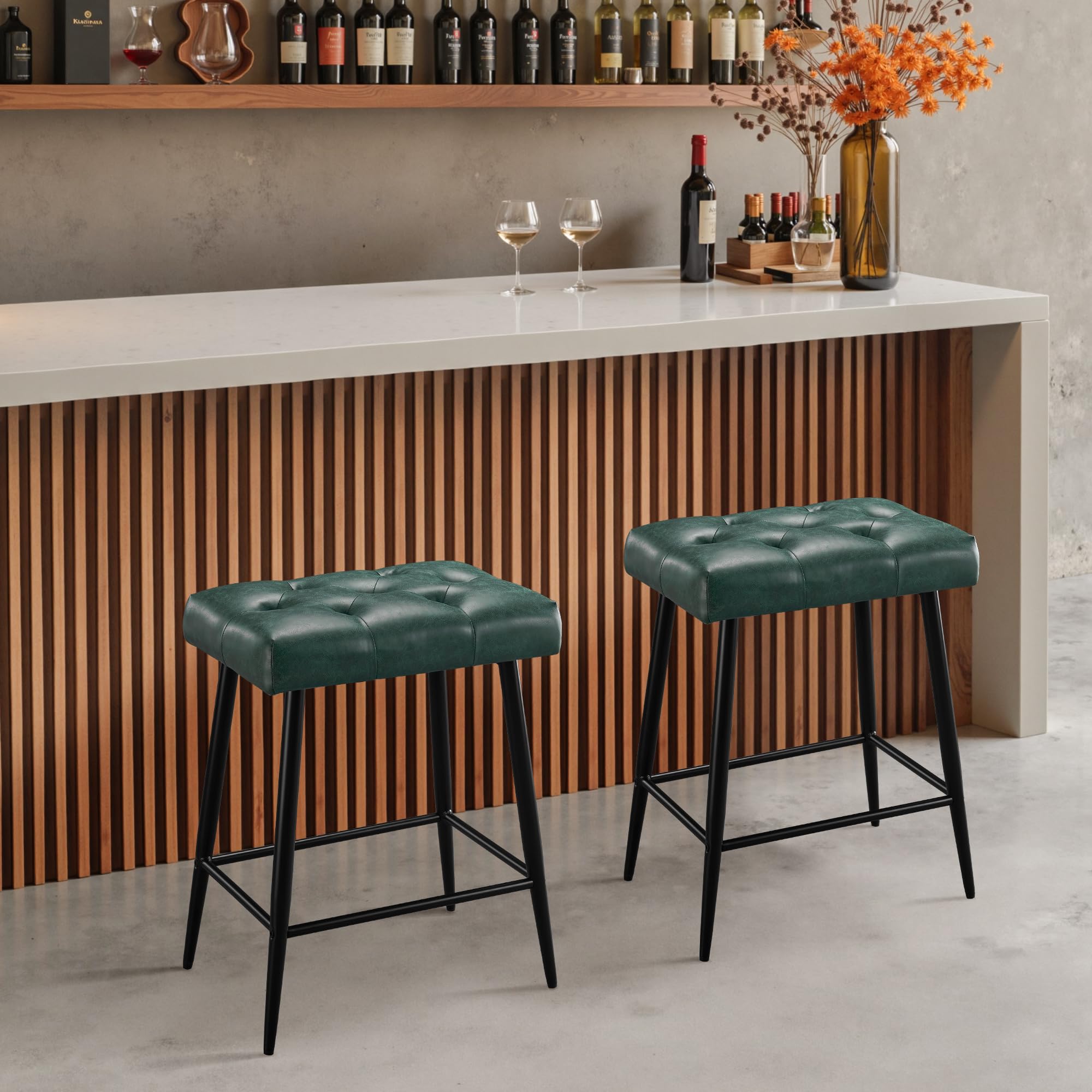 Bar Stools Set of 2, 24 Inch Counter Height Bar Stool for Kitchen Island, Modern Bar Hight Stools with Sturdy Metal Base and Thickened Saddle Cushion, 330Lbs, Green