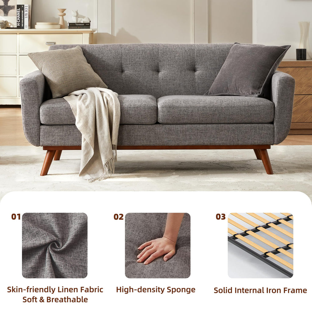 65.2" W Loveseat Sofa, Mid Century Modern Decor Love Seat Couches for Living Room, Button Tufted Upholstered Furniture, Solid & Easy to Install Small Couch for Bedroom Office Apartment, Grey