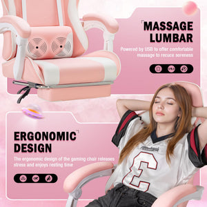 Gaming Chair, Video Game Chair with Footrest and Massage Lumbar Support, Ergonomic Computer Chair Height Adjustable with Swivel Seat and Headrest (Pink)