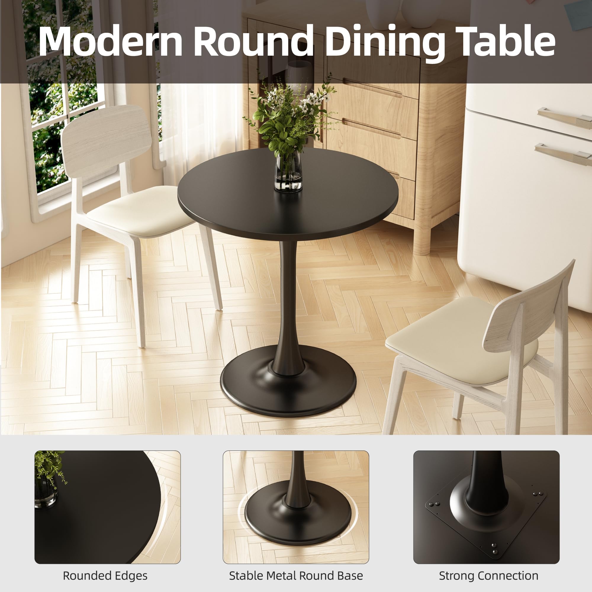 Round Dining Table 27.5" Circle Tulip Table with Wood Thickened Tabletop & Sturdy Metal Pedestal Mid Century Modern Leisure Bistro Kitchen Tables 4 People Small Places Living Room Cafe,Black