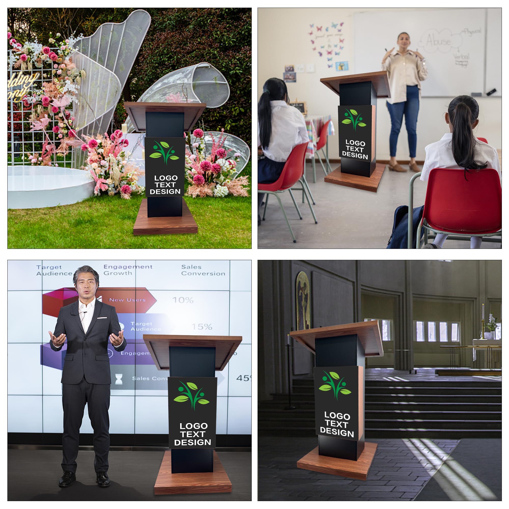 Customizable Wood Podium,Wooden Lectern Stand,15MM Particle Board,Elegant Design with Storage, Lockable Wheels, Mic Stand Space, Wooden Pulpit for Restaurants,Churches, Seminars and Schools