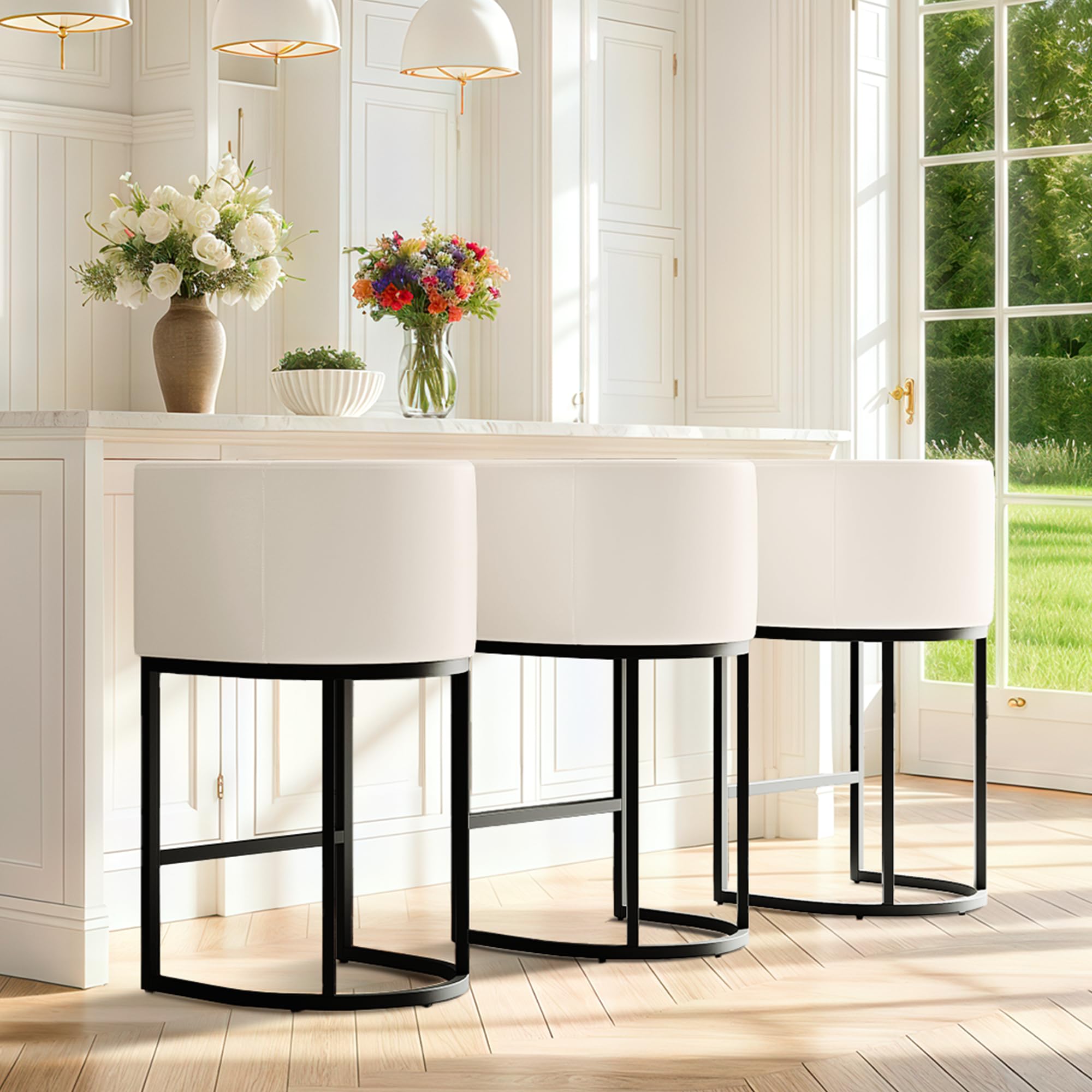 Modern Counter Height Bar Stools,Bar Stools Set of 2,PU Leather Upholstered Barrel Barstools with Backs,24'' Kitchen Island Chairs,Metal Black Frames,Beige White Leather