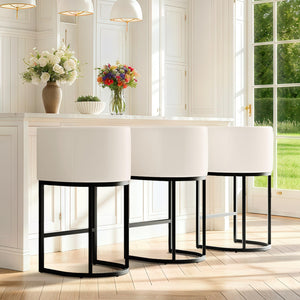 Modern Counter Height Bar Stools,Bar Stools Set of 3,PU Leather Upholstered Barrel Barstools with Backs,24'' Kitchen Island Chairs,Metal Black Frames,Beige White Leather