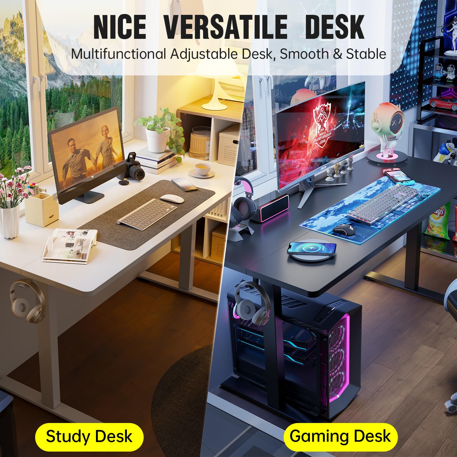 47.2 Inch Large Electric Standing Desk, Heights Adjustable, Sit to Stand Up, Work Home Office Computer Table for Study, Walking Pad, Writing, and Games, Wooden Desktop Desks, White