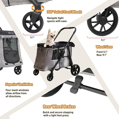 Medium Dog Stroller for Small to Large Dogs 4 Wheels Multi Pet Stroller for 4 Dogs Holds Up to 40lbs, One-Click Folding&Smooth Tires&Sunshade & Storage Basket (Gray, Medium)