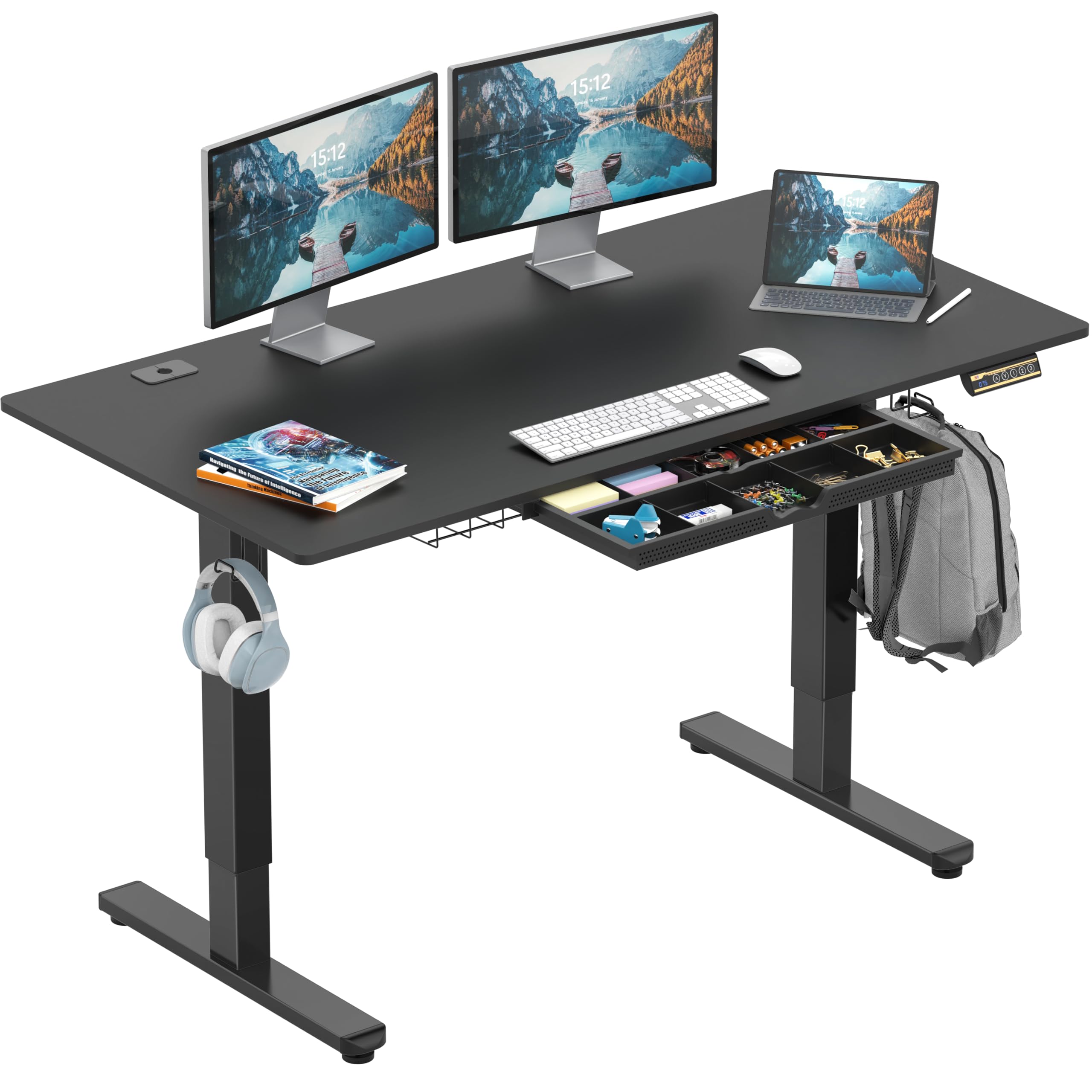 55 x 28 Inches Electric Height Adjustable Standing Desk with Drawer and Memory Preset, Black