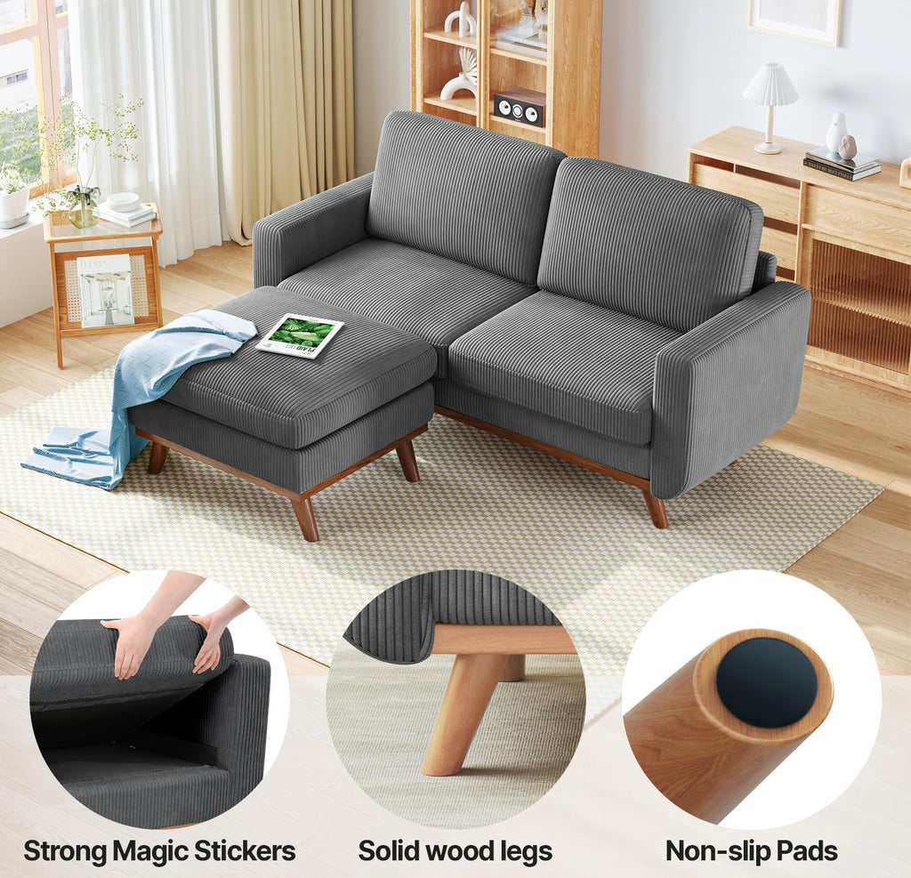 68" Loveseat Sofa with Movable Ottoman, Comfy Corduroy Couch with Spring Cushion, Sofa Couch with Solid Wood, Modern Office Sofa with Deep Seat for Living Room and Bedroom, Dark Gray