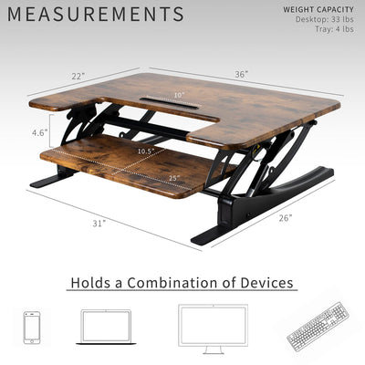 36 inch Height Adjustable Stand Up Desk Converter, V Series, Quick Sit to Stand Tabletop Dual Monitor Riser Workstation, Rustic Vintage Brown Top, Black Frame, DESK-V000VN