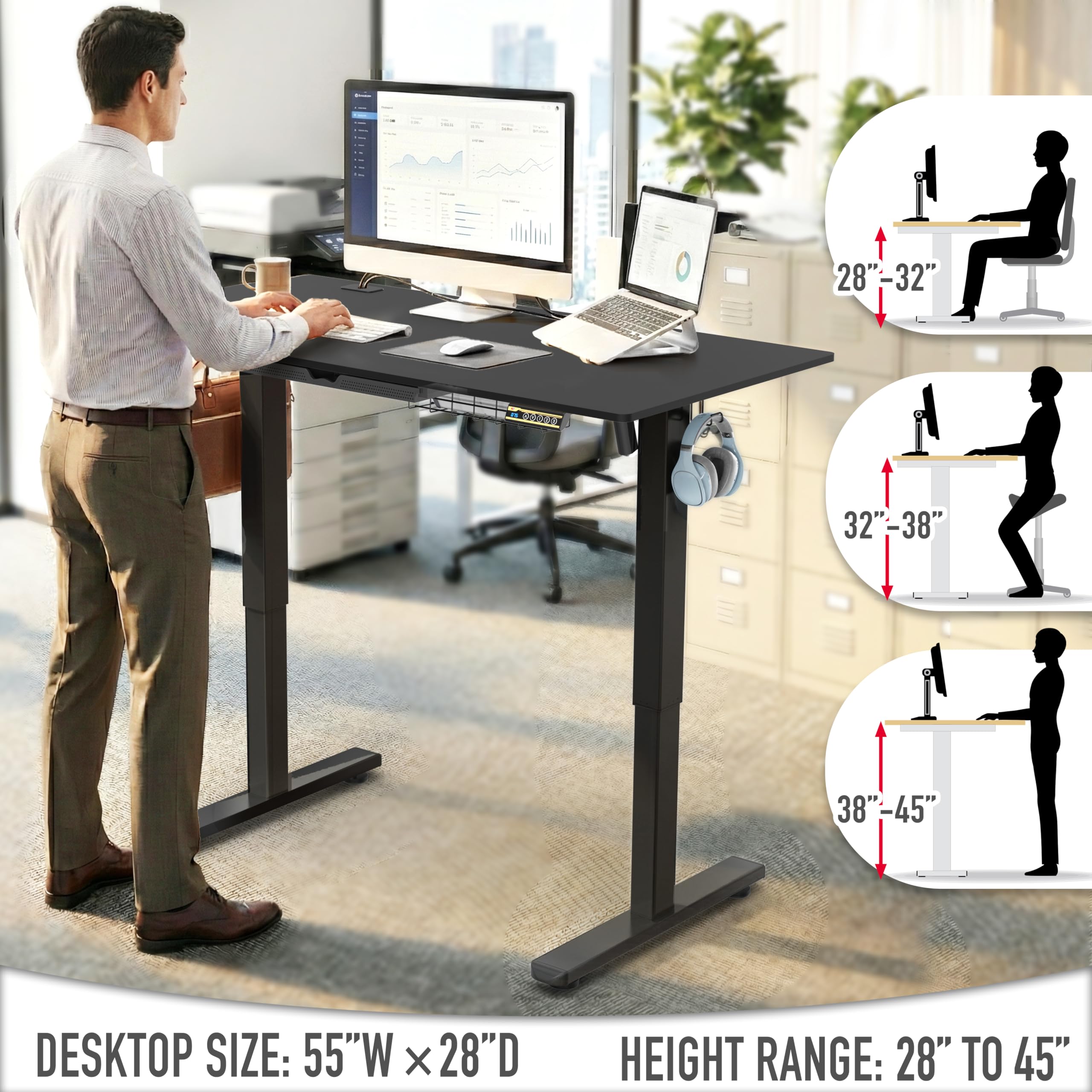 55 x 28 Inches Electric Height Adjustable Standing Desk with Drawer and Memory Preset, Black
