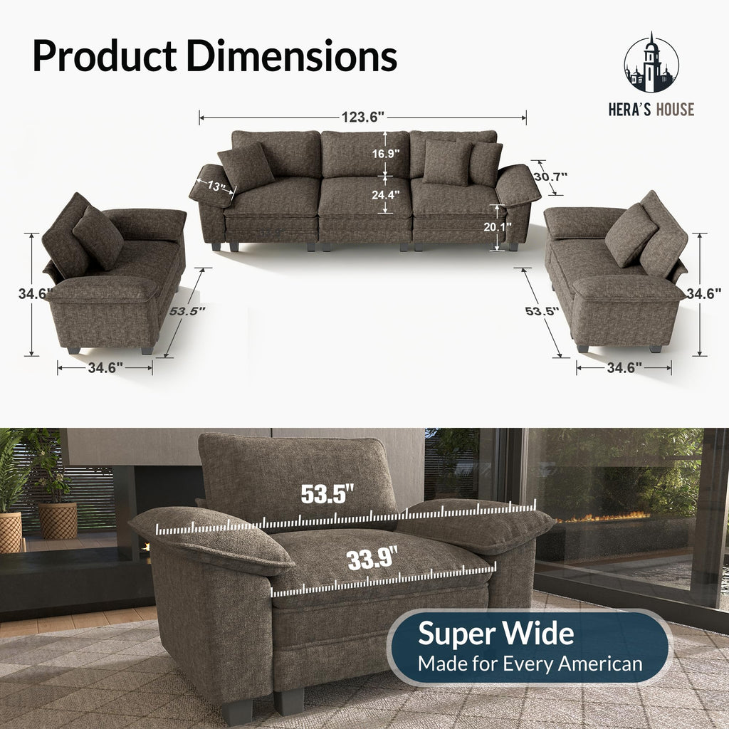 3 Pieces Modular Sectional Sofa Sets, Oversized Couch Set with Loveseat and Armchairs, Comfy Cloud Couches with Throw Pillows, 5-Seater Deep Seat Sofa for Living Room, Chenille Ash