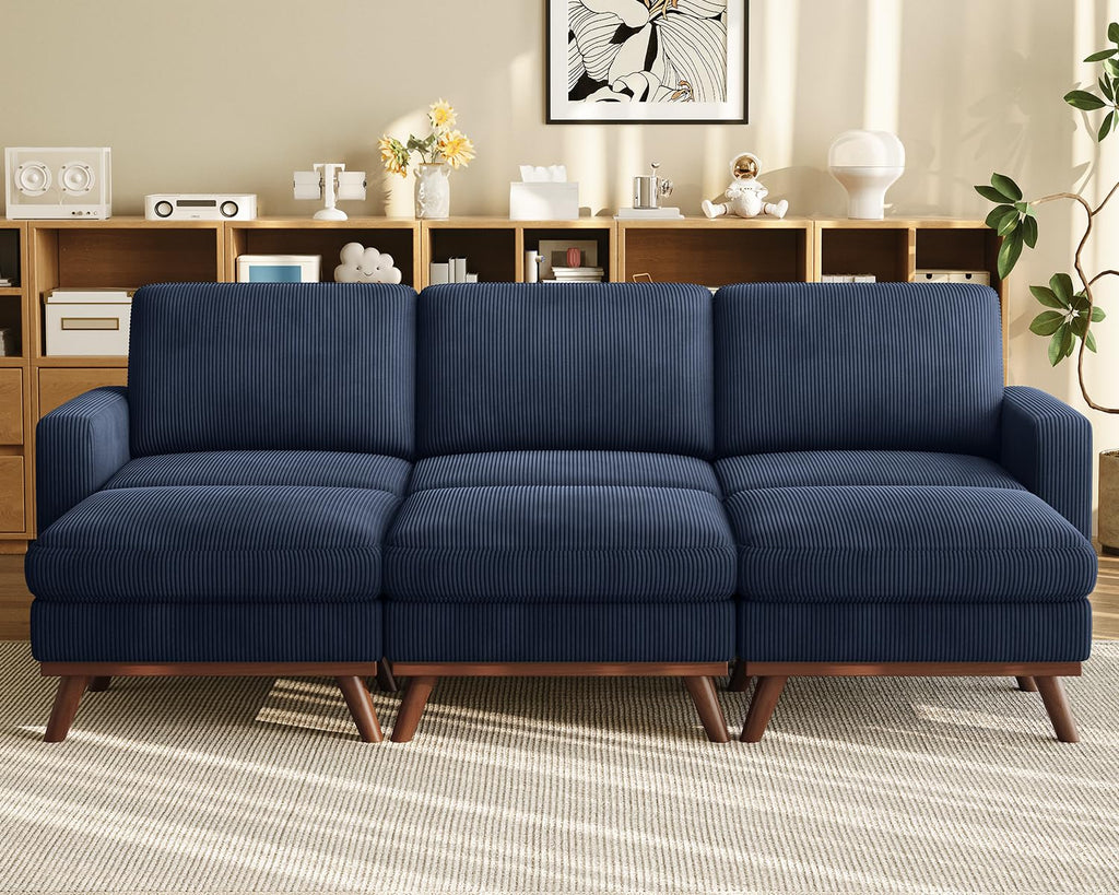 97" Modular Sectional Sofa Drak Blue, Sectional Couch with Movable Ottoman, Comfy Corduroy Couch with Spring Cushion, Modular Sofa with Deep Seat for Living Room, Bedroom and Apartment