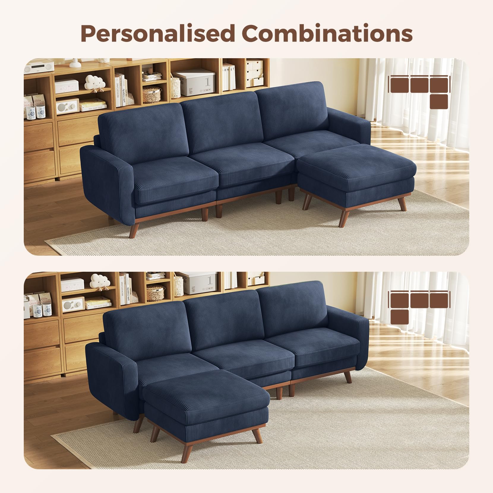 97" Modular Sectional Sofa Dark Blue, L-Shaped Couch with Movable Ottoman, Comfy Corduroy Couch with Spring Cushion, Modular Sofa with Deep Seat for Living Room, Bedroom and Apartment