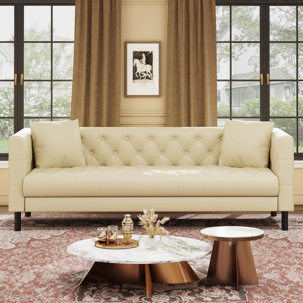 81 in Leather Couch for Living Room, Modern Sofa Couch with Deep Seat, Handmade Button Tufted 3 Seater Sofa, Leather Sofa for Apartment, Office, Cream White