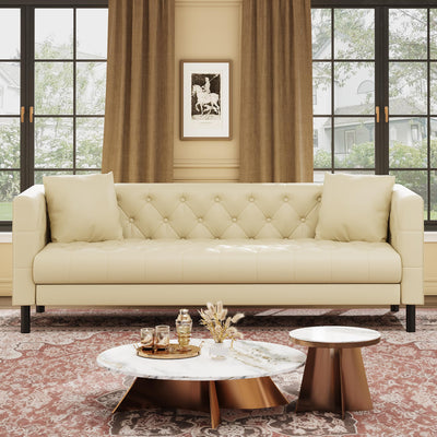 81 in Leather Couch for Living Room, Modern Sofa Couch with Deep Seat, Handmade Button Tufted 3 Seater Sofa, Leather Sofa for Apartment, Office, Cream White