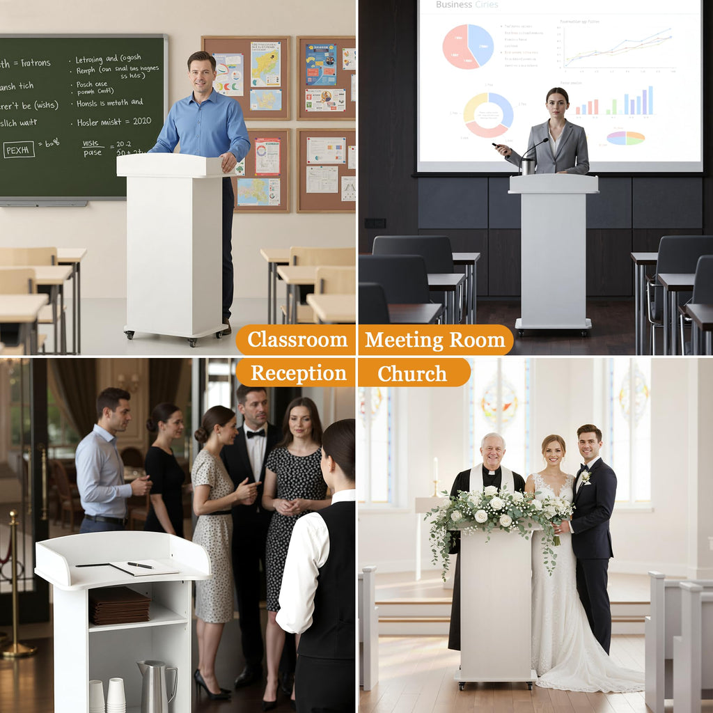 Podium Stand with Metal Wheels Wooden Lectern Podium Stand Portable Pulpit Standing with Storage Mobile Reception Podiums Desk for Church Office School Conference Restaurant Meeting, White