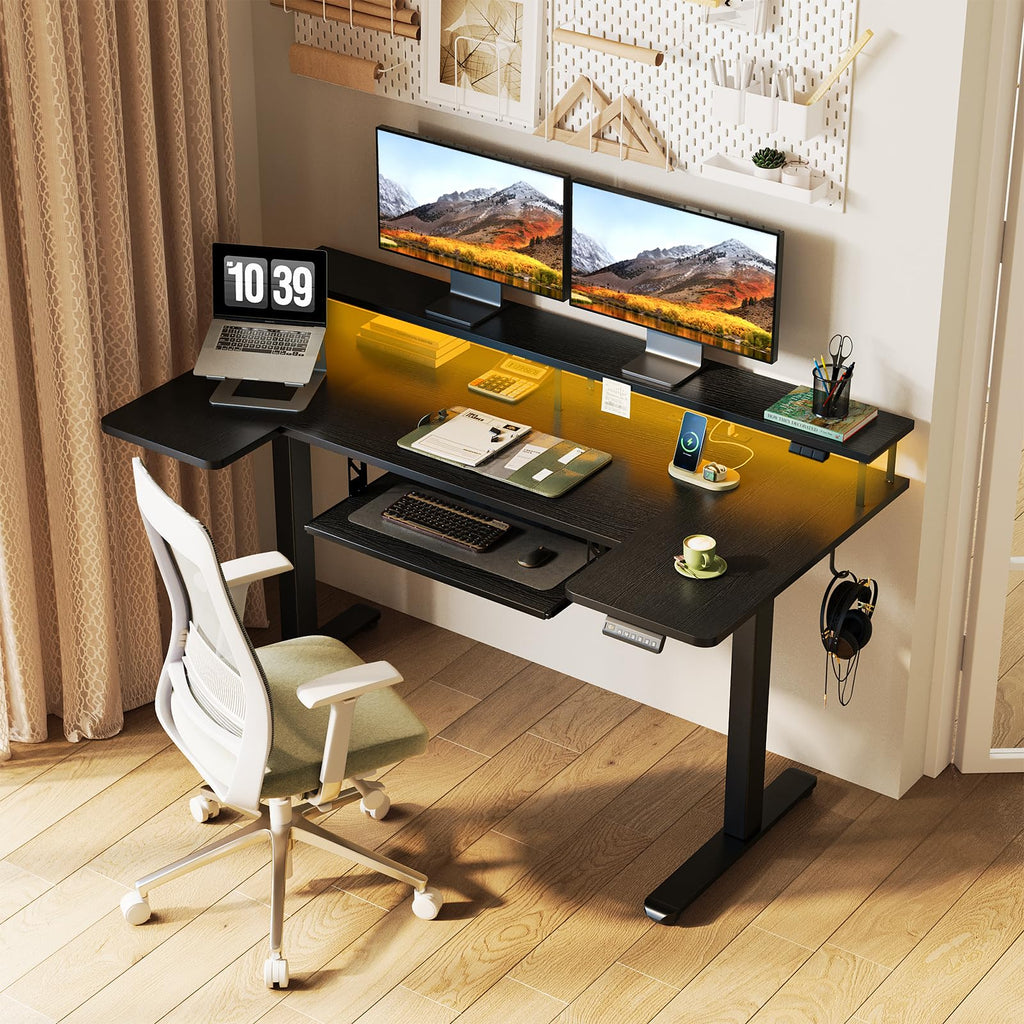 U Shaped Electric Standing Desk with Keyboard Tray, 55 Inch Height Adjustable Desk with Power Outlets & LED Lights, Sit Stand Table with Monitor Stand for Home, Office, Black