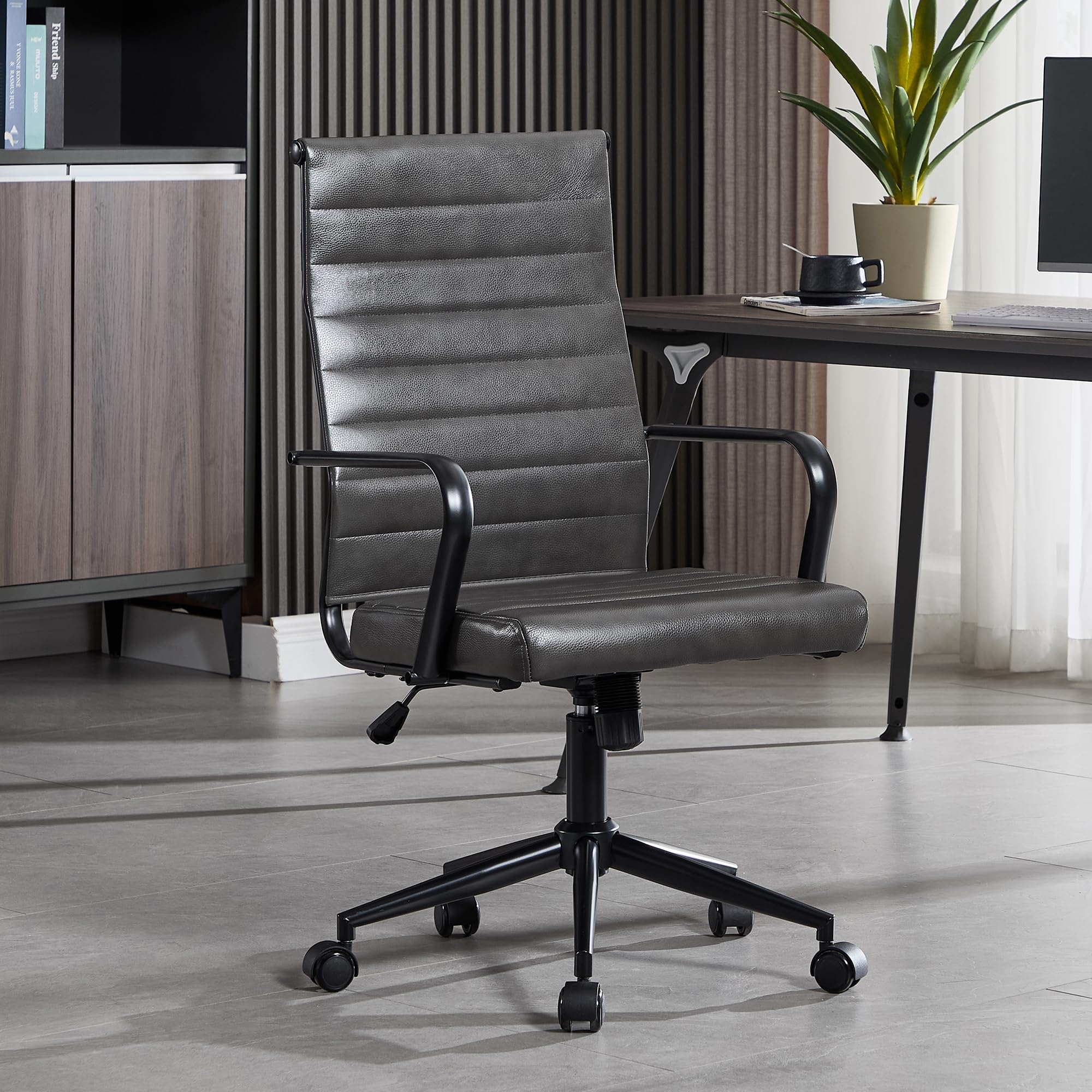 Okeysen Genuine Leather Office Desk Chair, Mid-Century Modern Real Leather Conference Room Chairs, Ergonomic Executive Ribbed Height Adjustable Swivel Rolling Chair for Home Office....