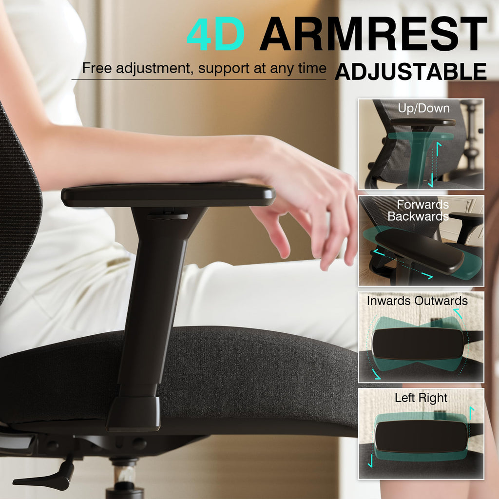 Ergonomic Home Office Chair, Mesh Computer Desk Chair with 4D Armrests, Adjustable Lumbar Support,Rolling Swivel Task Chair for Long Hours, Sponge Cushion