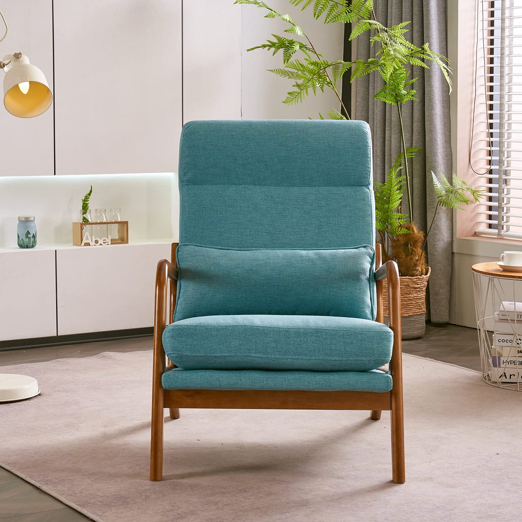 High Back LinenTeal Mid Century Modern Accent Chair, Soild Wood Padding Lounge Armchairs Side Sitting Chairs for Living Room, Bedroom, Guest Room