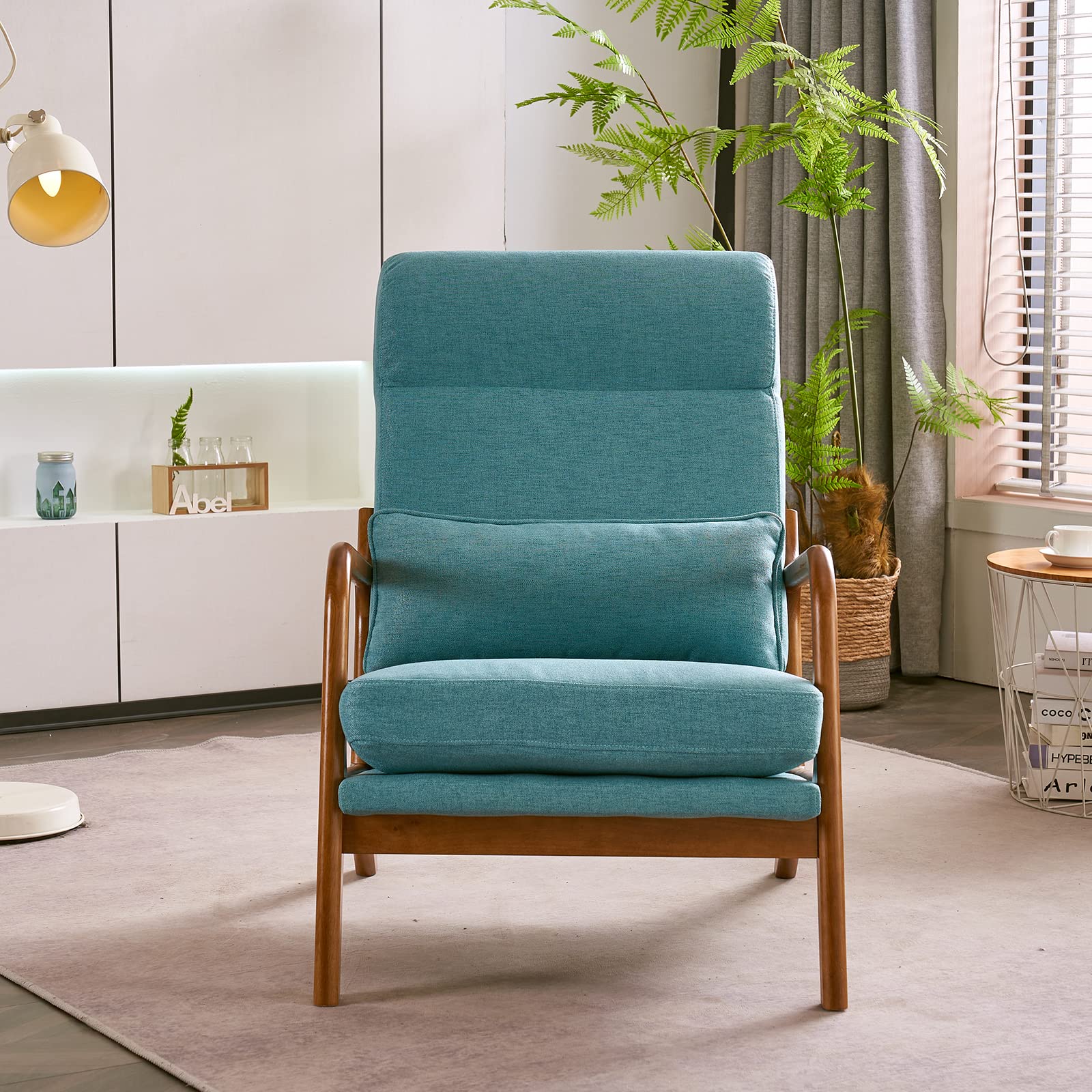High Back Teal Accent Chairs Set of 2, Upholstered Mid Century Modern Lounge Chairs Reading Chairs Side Sitting Chair Solid Wood Farmhouse Armchairs for Living Room, Bedroom, Guest Room