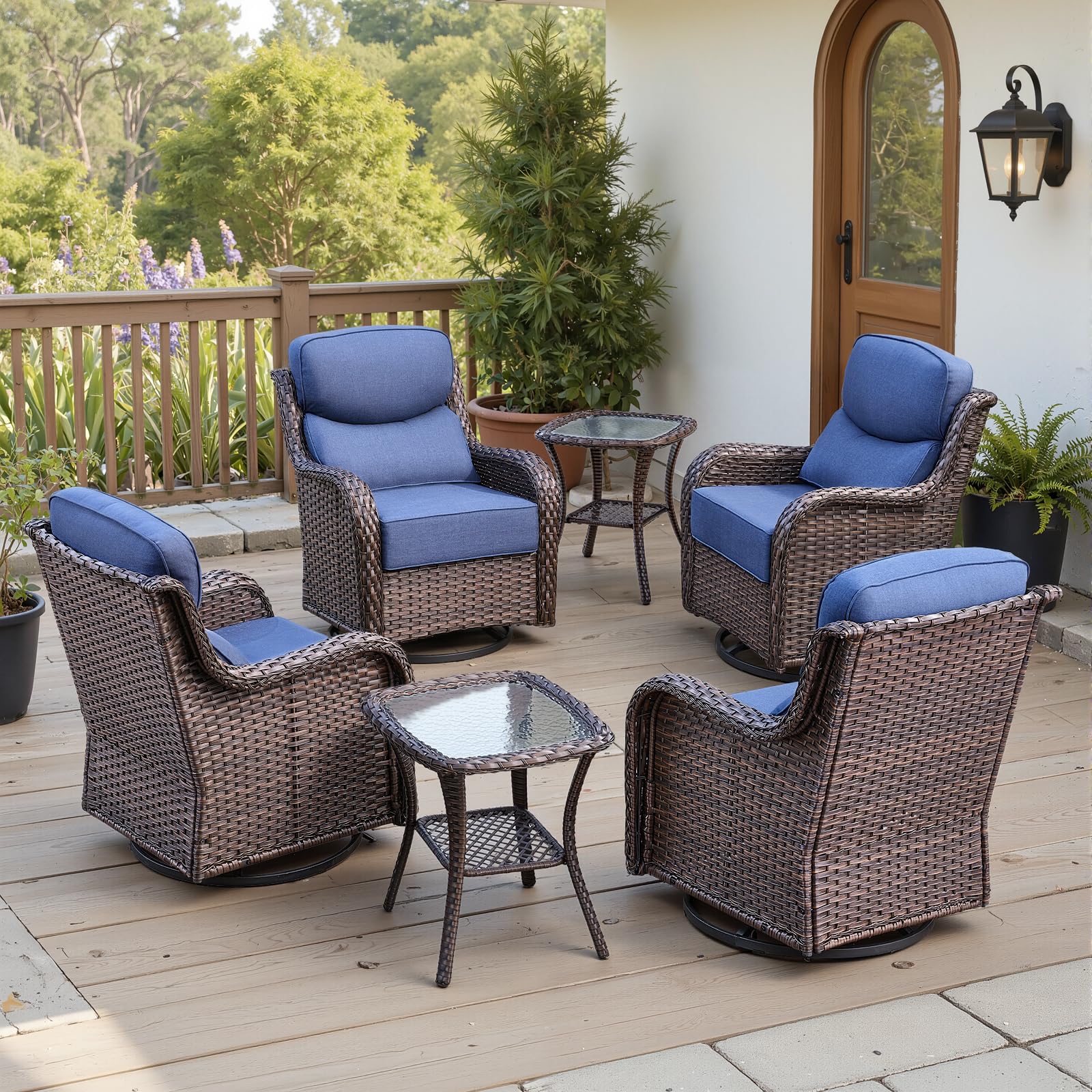 Luxury 6" Thick Cushioned Outdoor Swivel Rocker Patio Chairs Set of 4 with Side Table, High Back Wicker Furniture Set with Ergonomic Zone Back, Conversation Set for Deck Porch - Brown+Blue