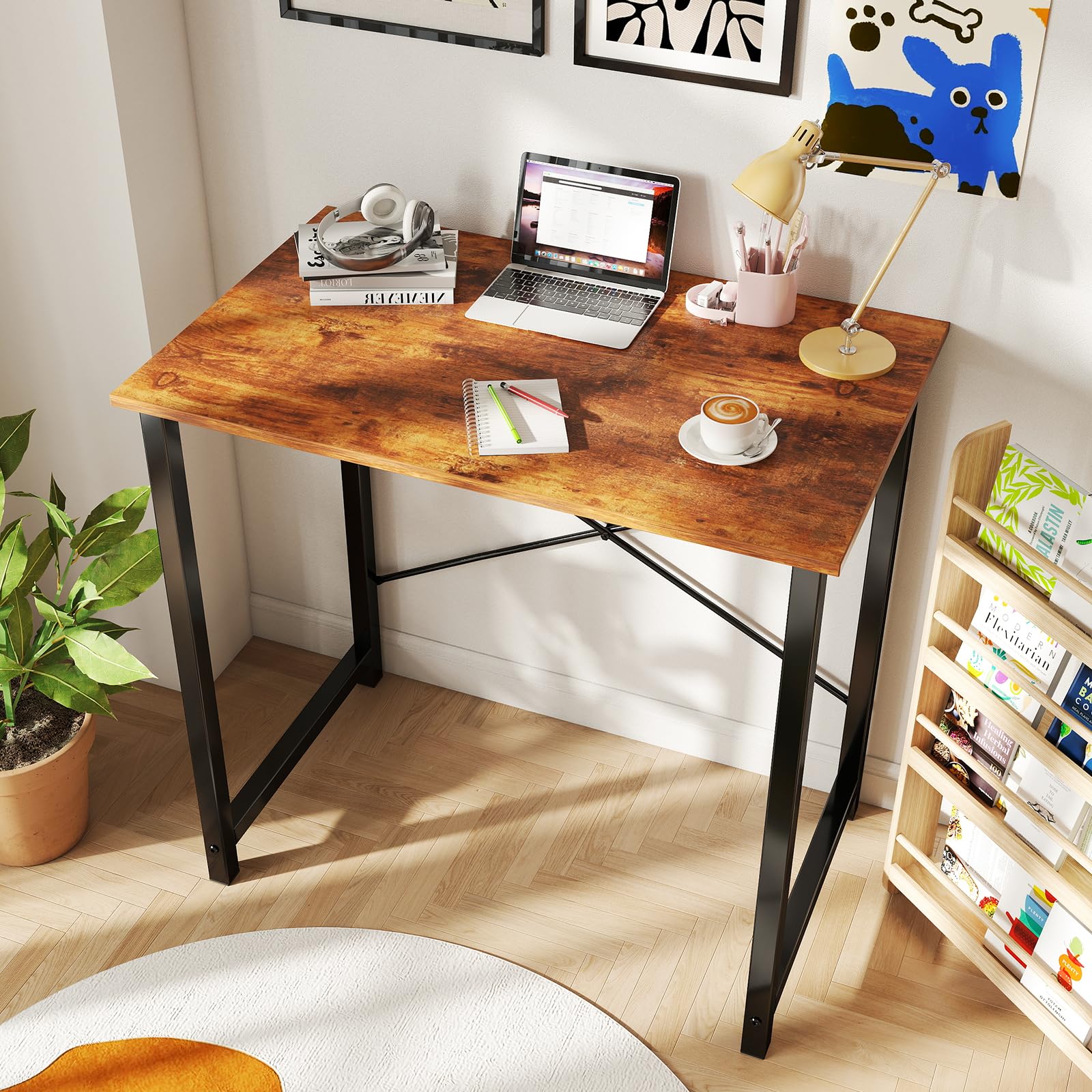 31 Inch Small Computer Desk for Home Office, Modern Study Writing Gaming Work Table Simple Style for Bedroom with X-Shaped ReInchforcement, Rustic Brown