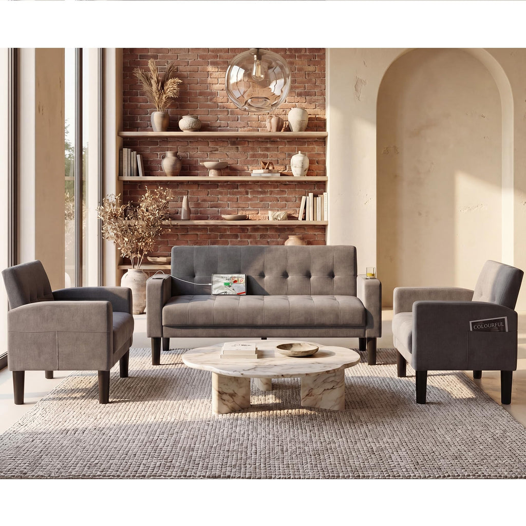 Sofa Couch, Living Room Furniture Sectional Sofa Sets 3 Pcs, Tufted Mid-Century Loveseat w/USB, Cupholders & Comfy Single Sofa for Small Space, Apartment, Office (Light Grey)