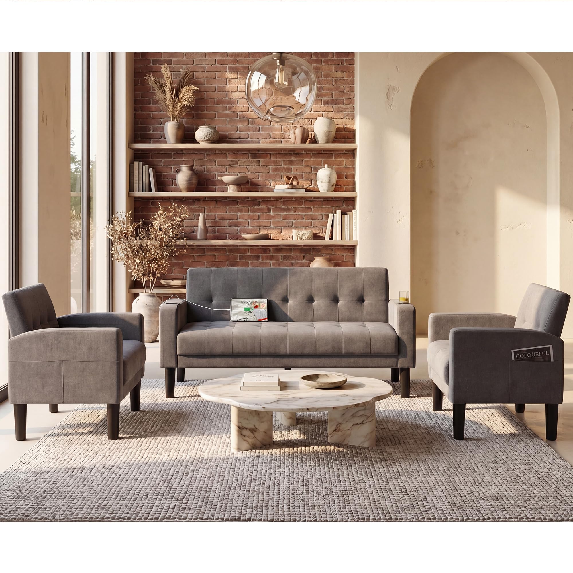 Sofa Couch, Living Room Furniture Sectional Sofa Sets 3 Pcs, Tufted Mid-Century Loveseat w/USB, Cupholders & Comfy Single Sofa for Small Space, Apartment, Office (Light Grey)