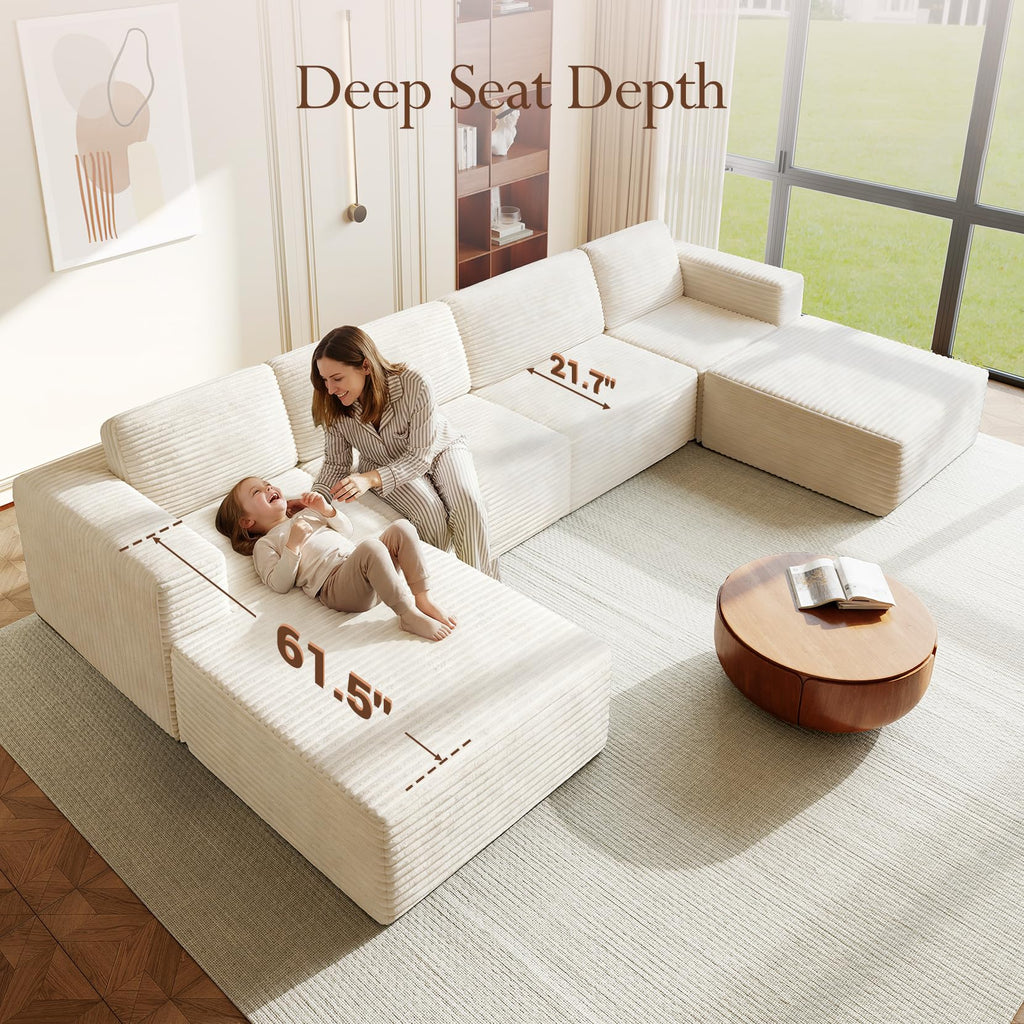 159" Large Modular Sectional Sofa, U-Shaped Corduroy Cloud Couch with Deep Seats & Spring Support, 4-Seater Boneless Sofa with 2 Movable Ottomans, No Assembly Needed, Beige
