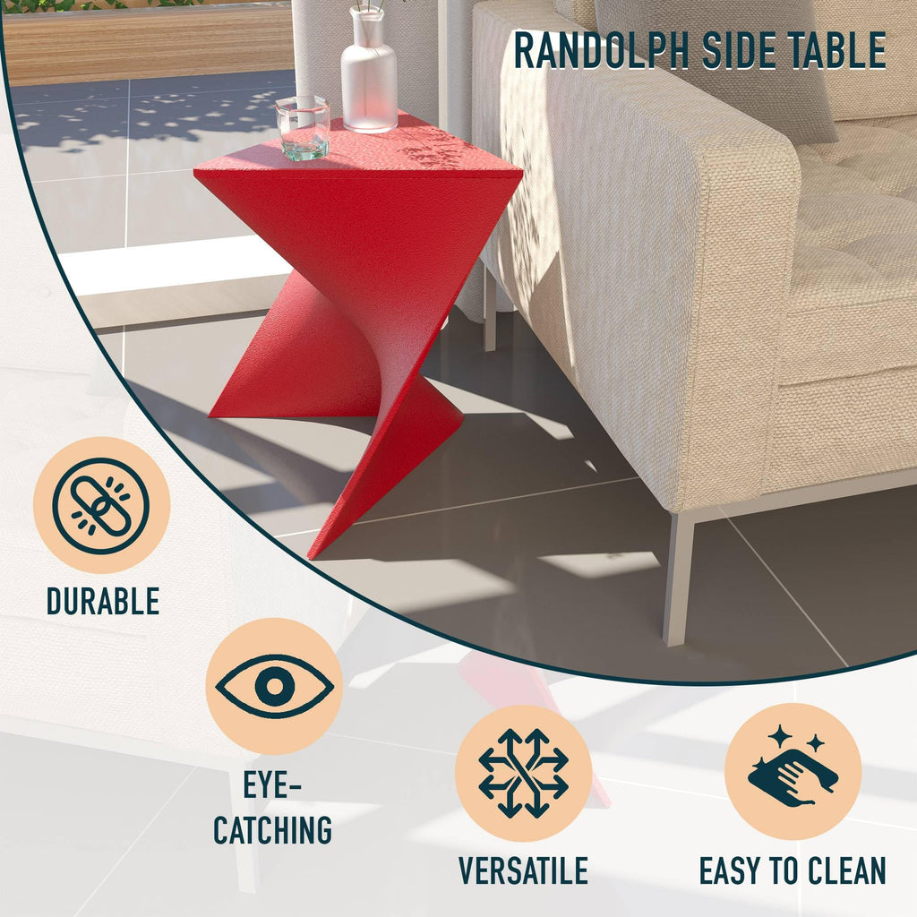 15.75" Triangular Side Table, Stackable Plastic Accent End Table for Indoor & Outdoor Use, Weather-Resistant Modern Patio & Living Room Table, Red