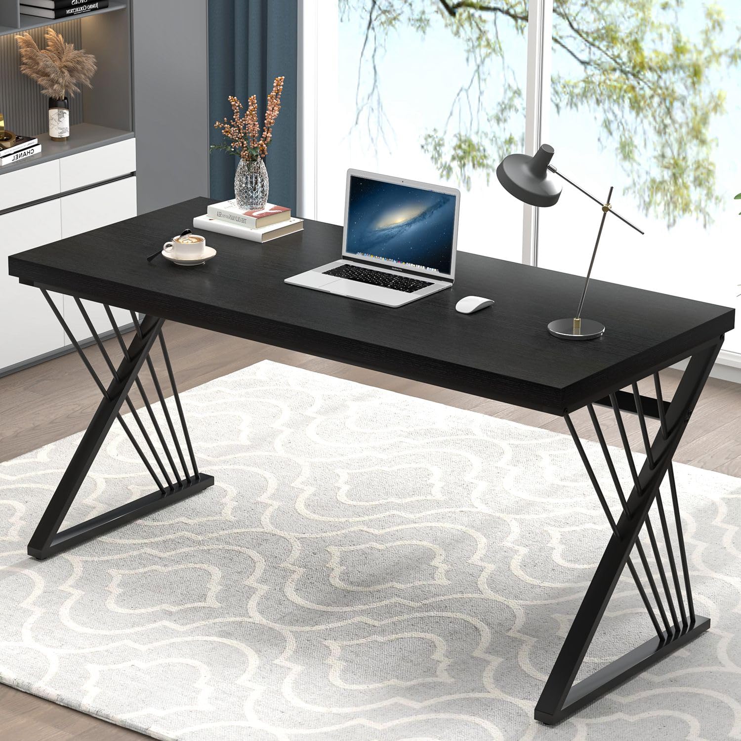 Black Desk, Modern Wood and Metal Computer Desks for Home Office, Simple Writing Work PC Desk for Bedroom, Industrial Study Gaming Table for Living Room, 60 Inch