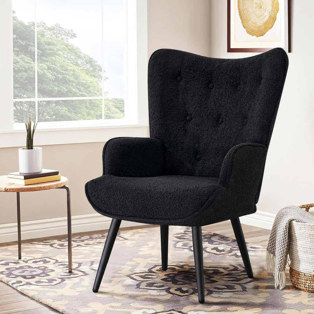 Boucle Accent Chair for Living Room, Upholstered Reading Chair with High Backrest, Tufted-Button Wingback Armchair for Bedroom, Dressing Room, Home Office, Black